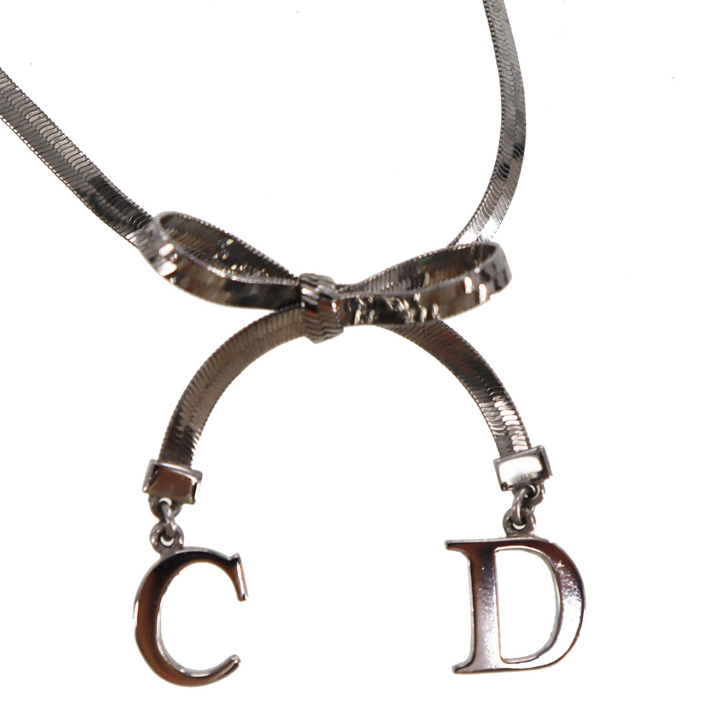 Christian Dior CD Logo Ribbon Choker Black Silver #CP933
