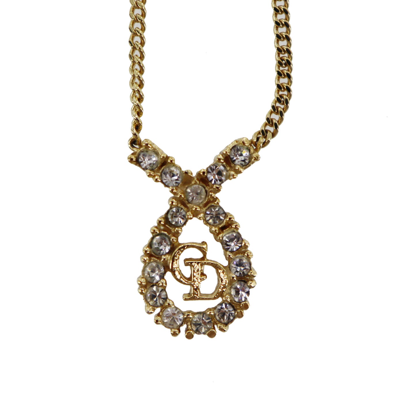 Christian Dior CD Logo Chain Necklace Rhinestone Gold-Plated #BO678