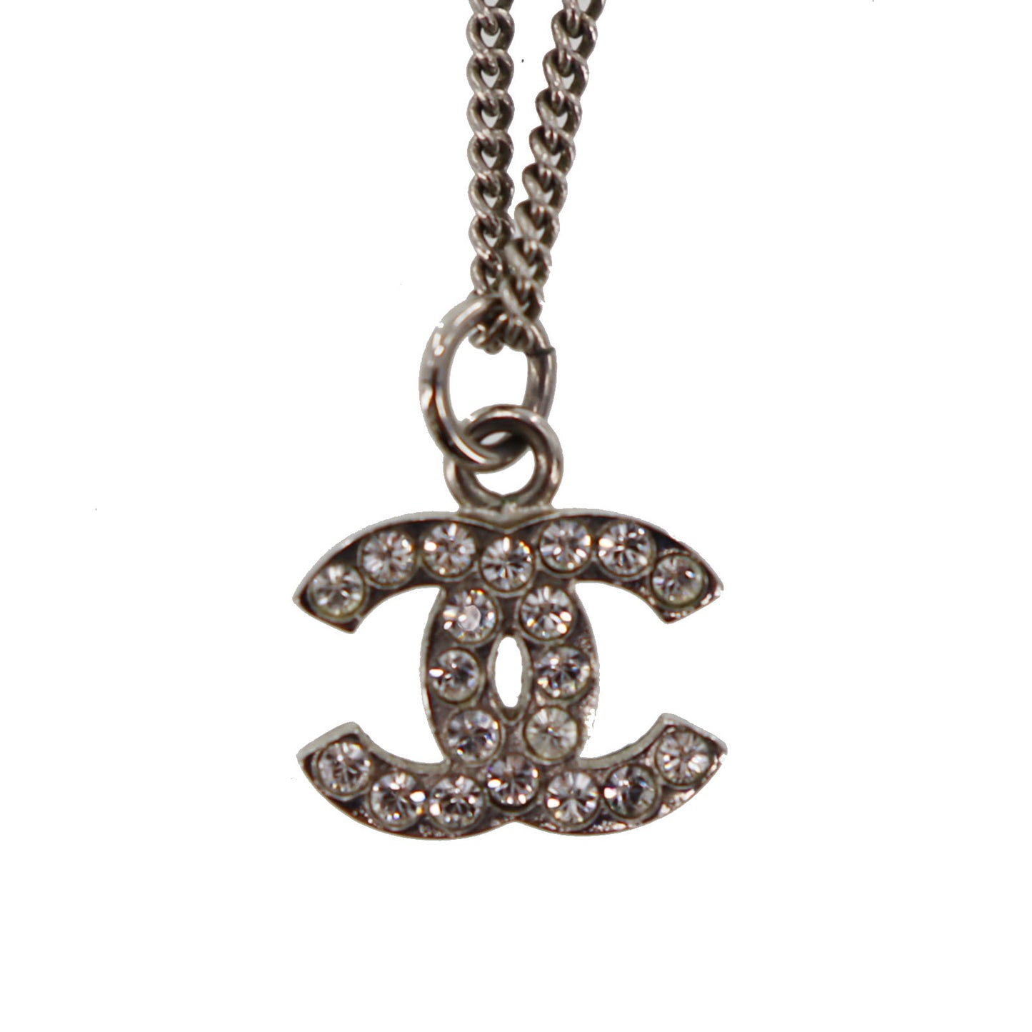 CHANEL CC Logos Rhinestone Silver Plated Chain Necklace B10 V #BX959