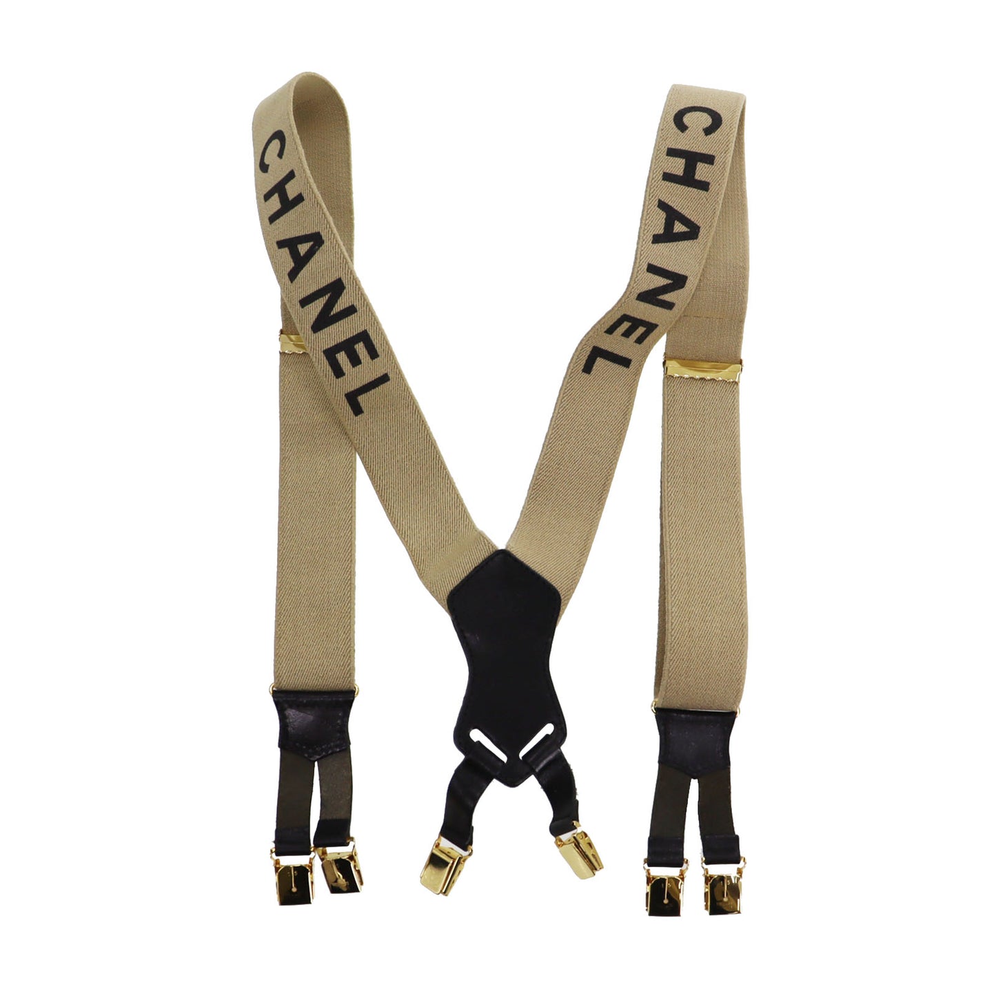 CHANEL Logo Suspender Beige Sewing Elastic Leather #CJ735