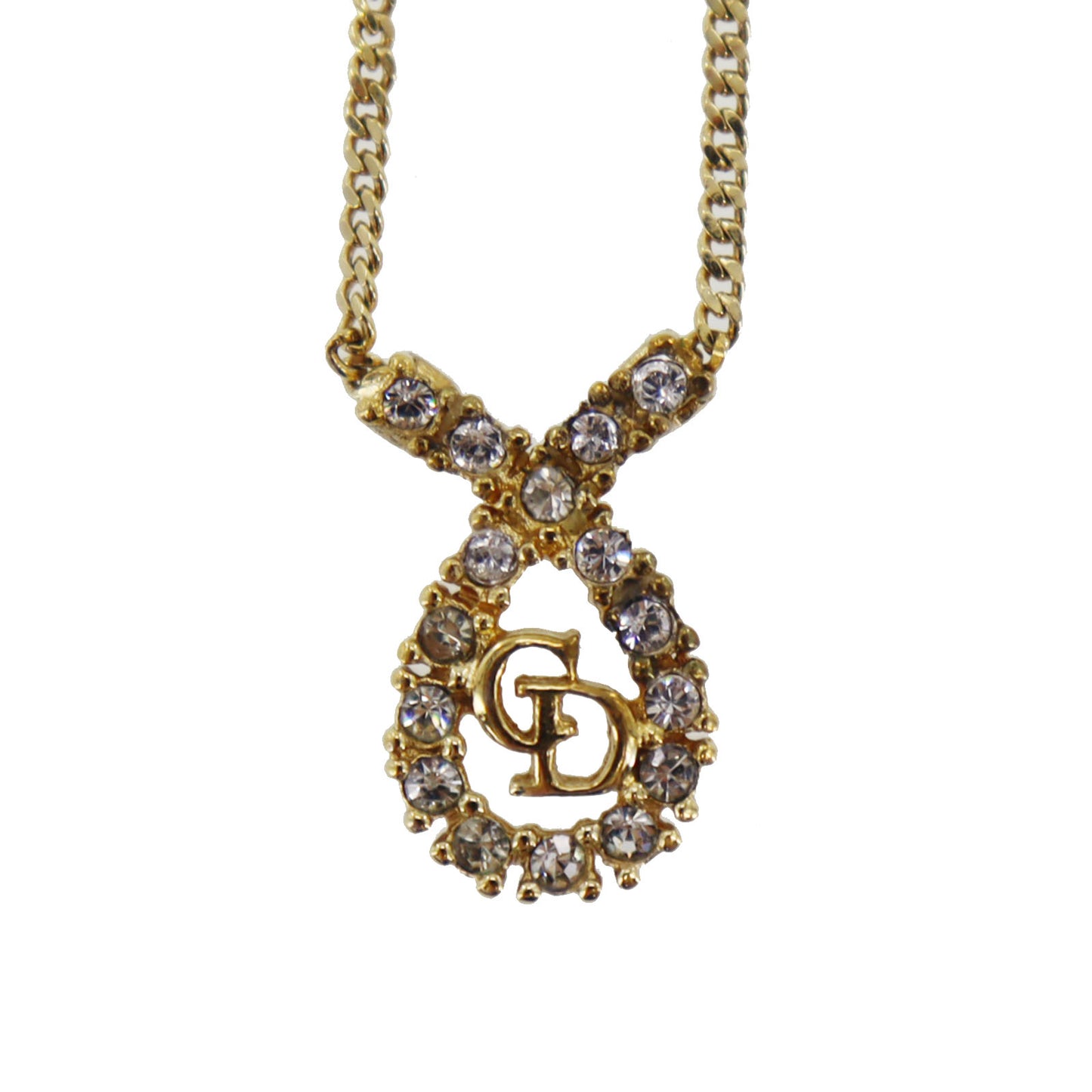 Christian Dior CD Logo Chain Necklace Rhinestone Gold-Plated #CB531