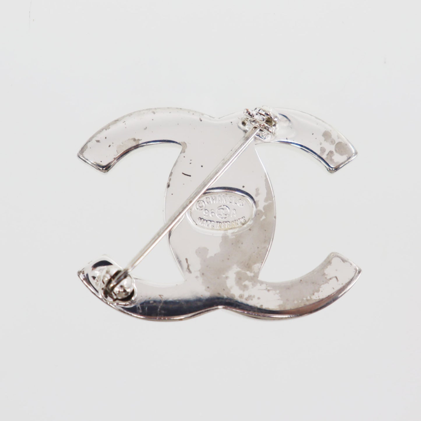 CHANEL CC Logos Turn Lock Used Pin Brooch Silver Plated 96A Vintage #CE126 S