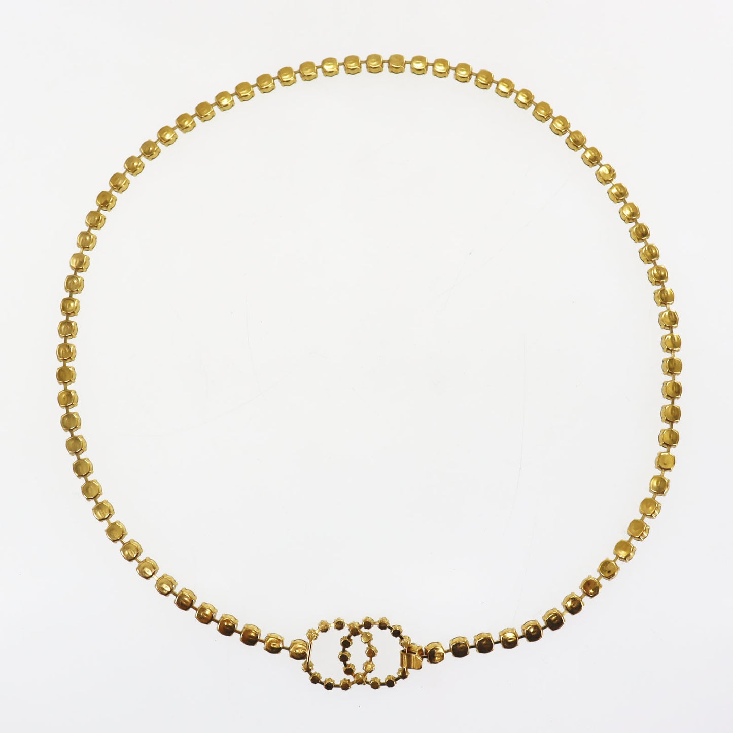 CHANEL CC Logos Rhinestone Belt Necklace Gold Plated 96P #CK417