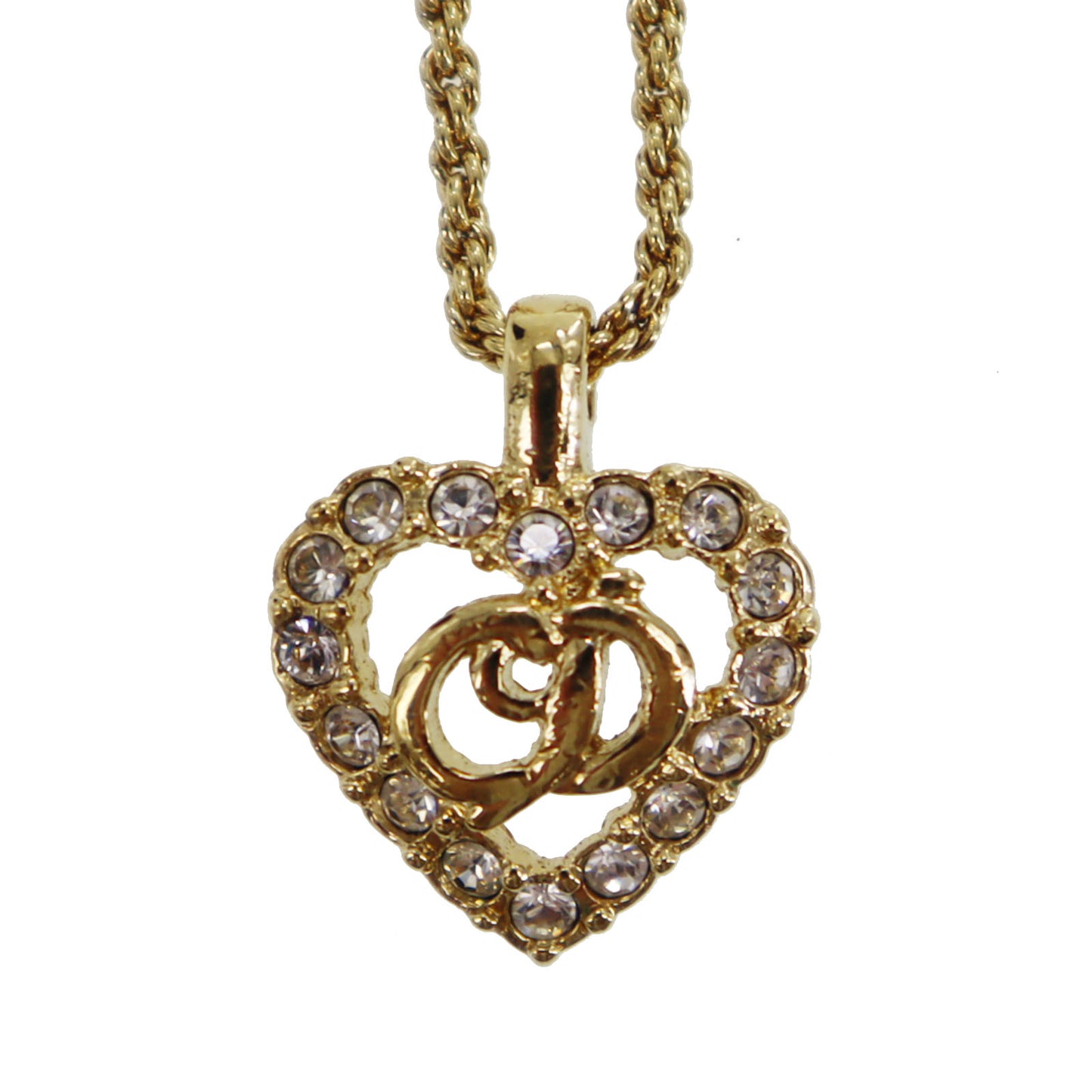 Christian Dior CD Logo Chain Heart Necklace Rhinestone Gold-Plated #CD317