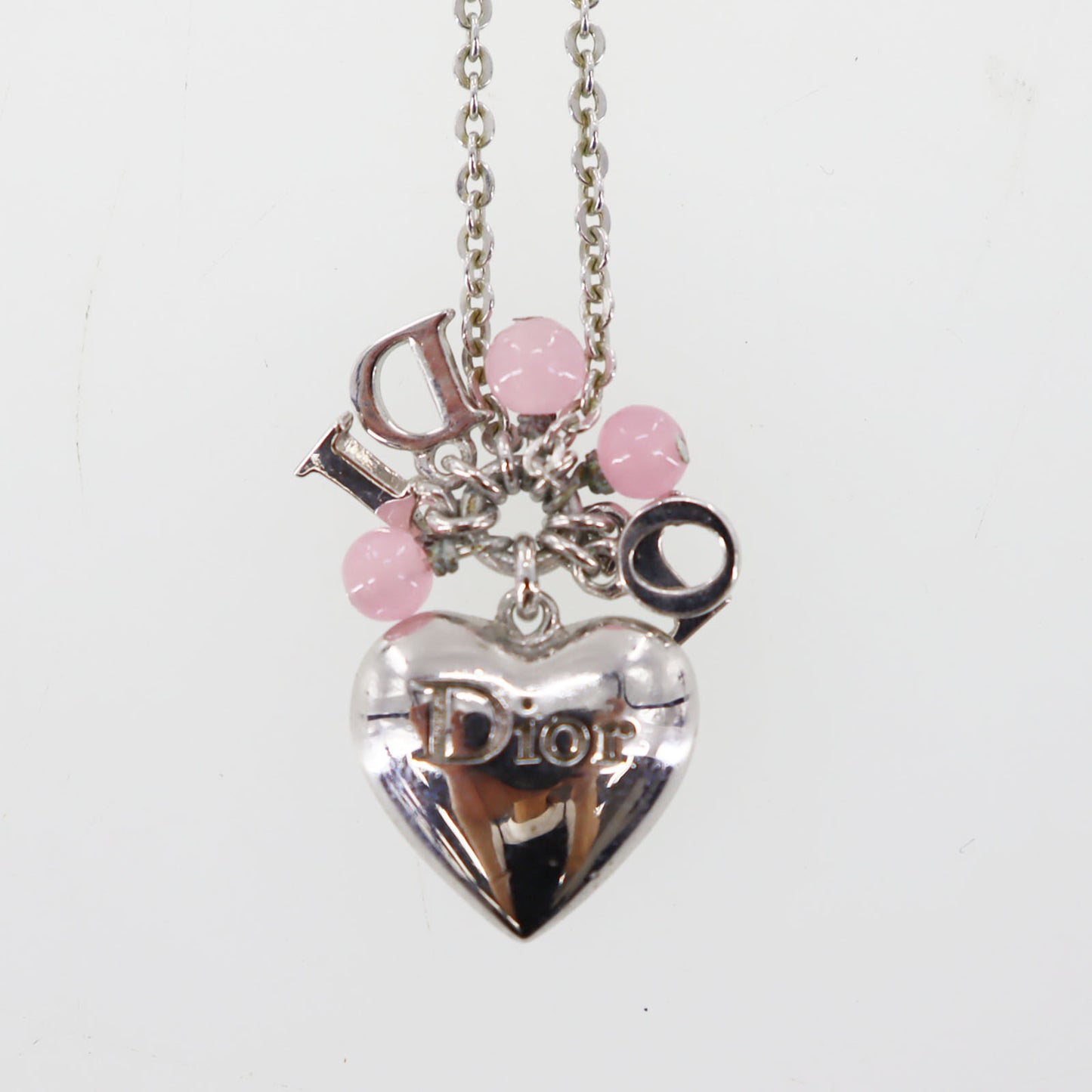 Christian Dior Logo Heart Beads Chain Necklace Silver #CW497