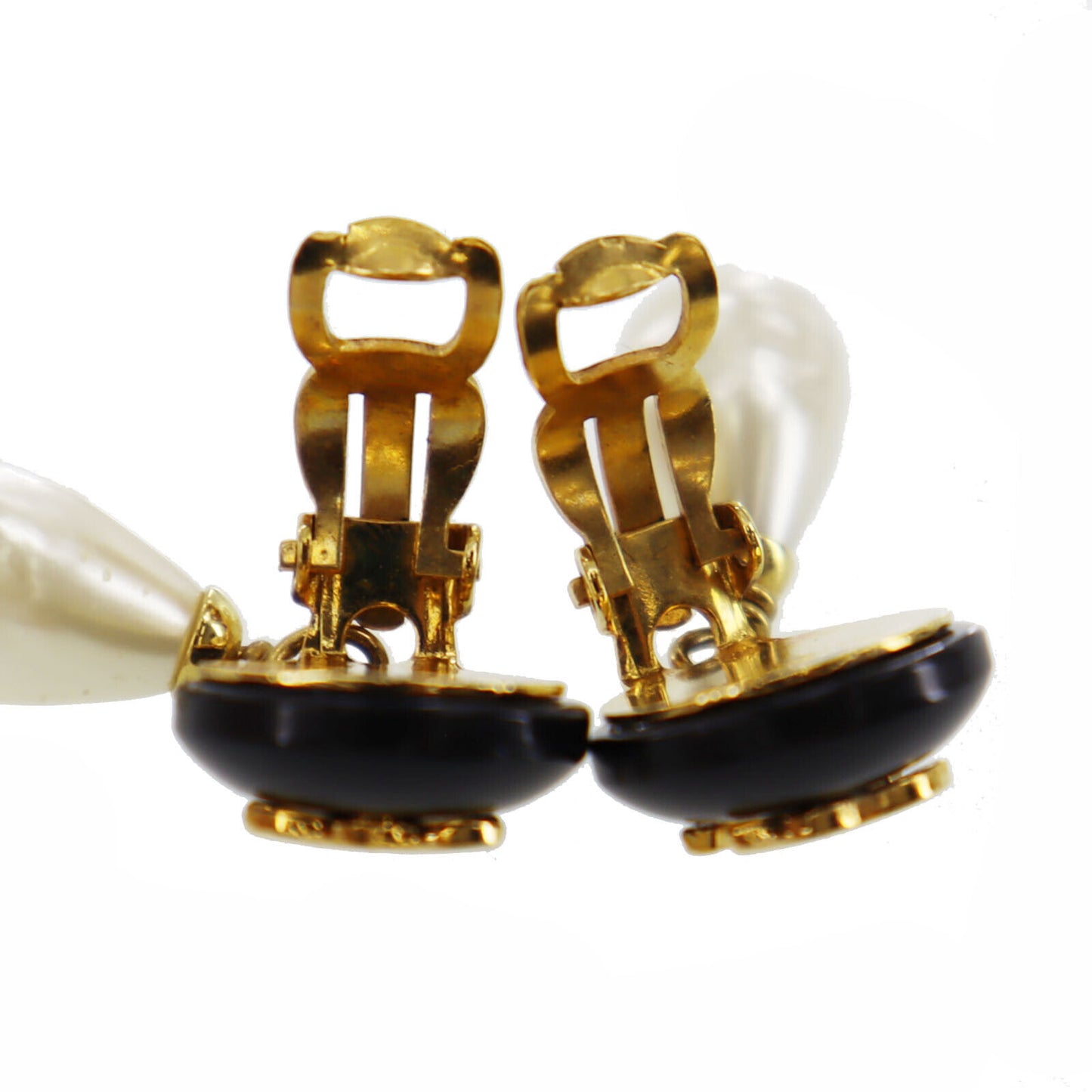 CHANEL CC Logos Pearl Earrings Black Gold Clip-On 96P #BK494