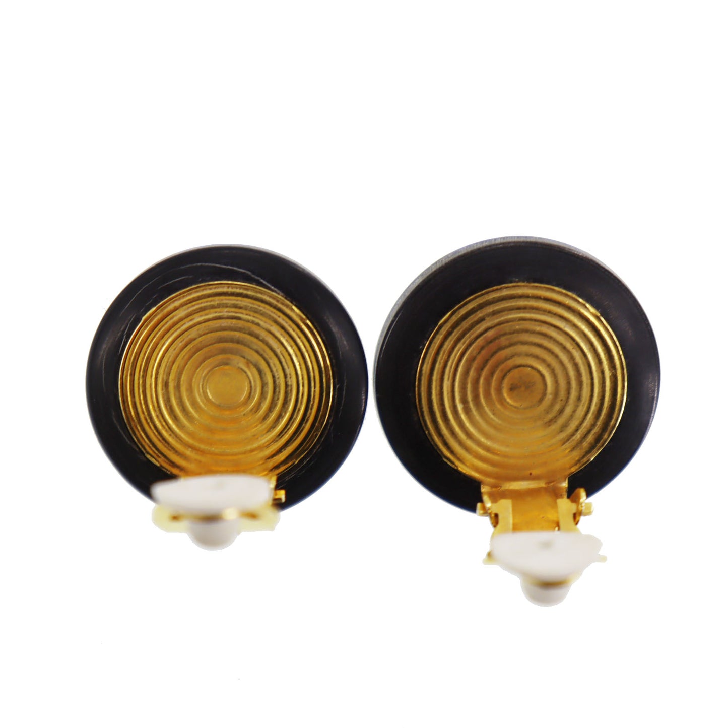 HERMES Horn Motif Circle Black Gold Earrings Clip-On #CP922