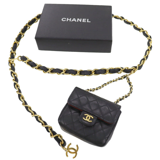 CHANEL Mini Matelasse Chain Belt Bag Pouch Black Lambskin Leather #AH176