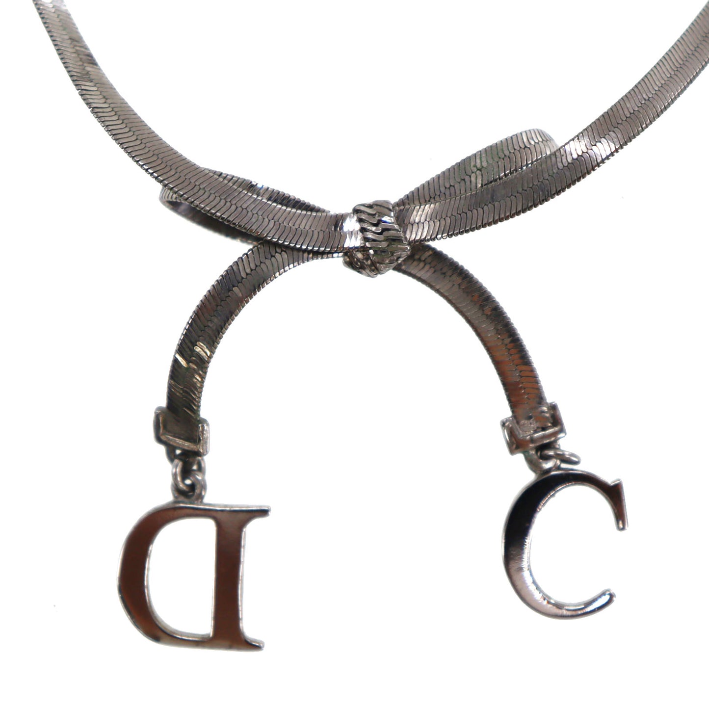 Christian Dior CD Logo Ribbon Choker Black Silver #CP933