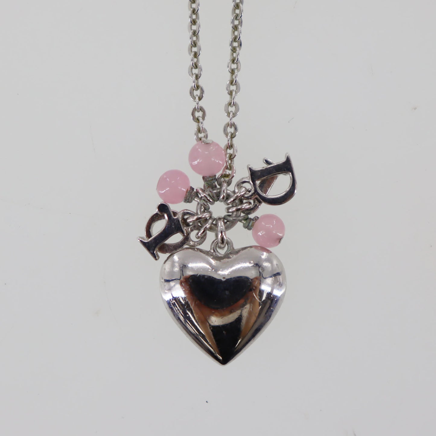 Christian Dior Logo Heart Beads Chain Necklace Silver #CW497