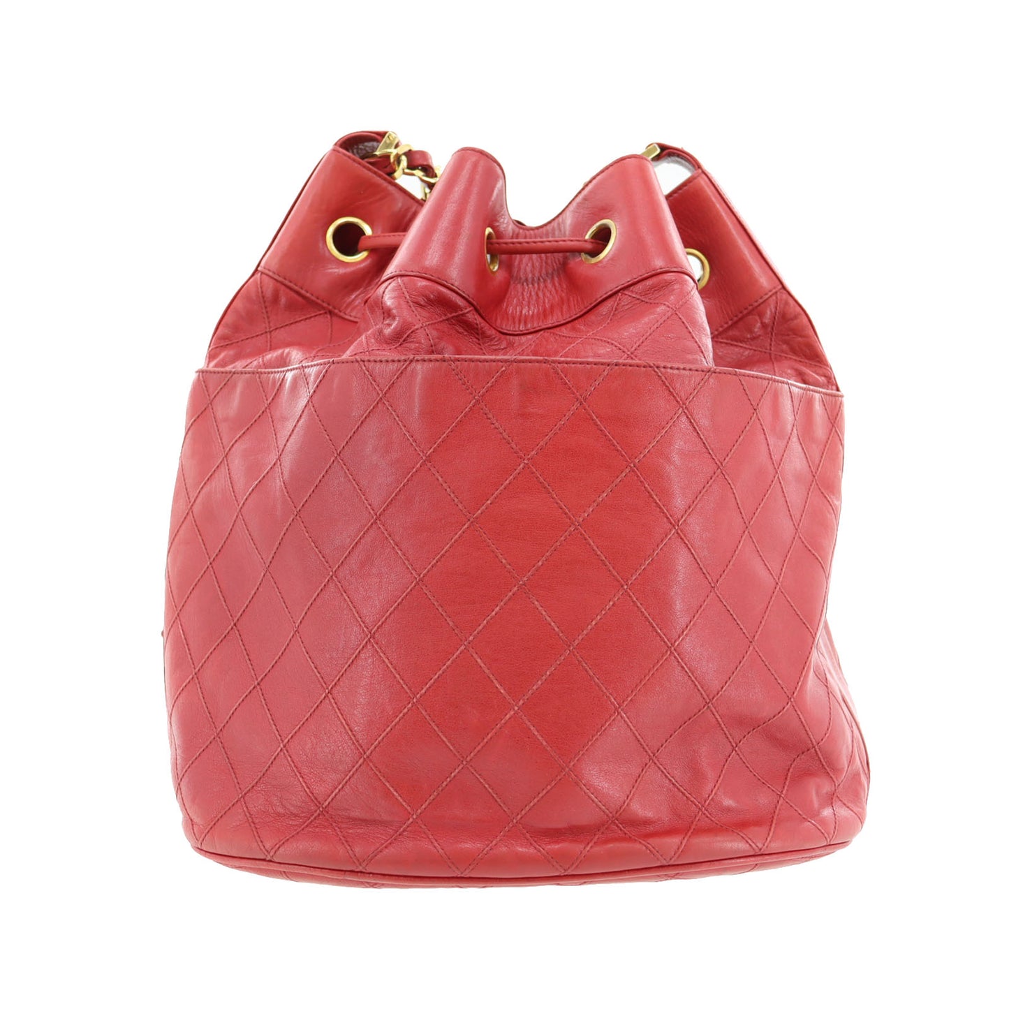 CHANEL Bicolore Chain Drawstring Shoulder Bag Red Leather #AH631