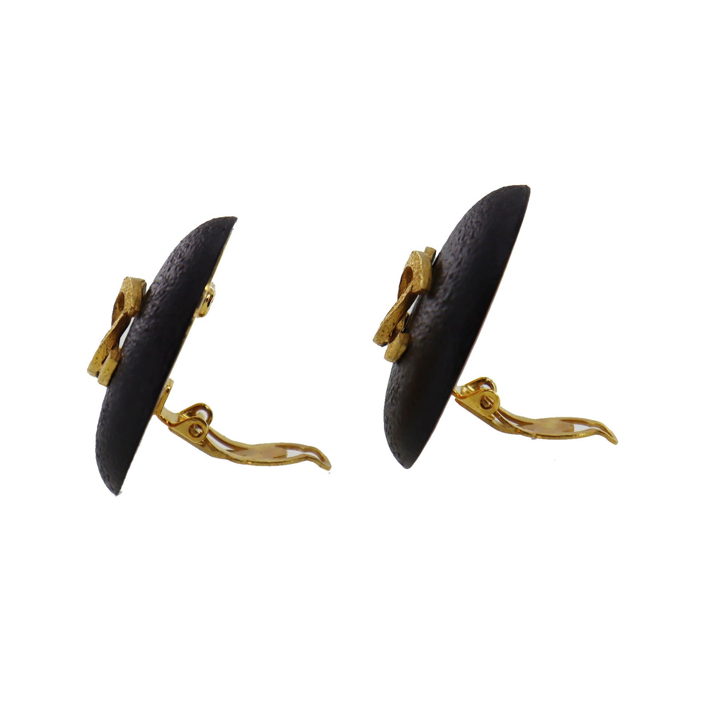 CHANEL Logos Earrings Black Gold Clip-On 93A #BZ804