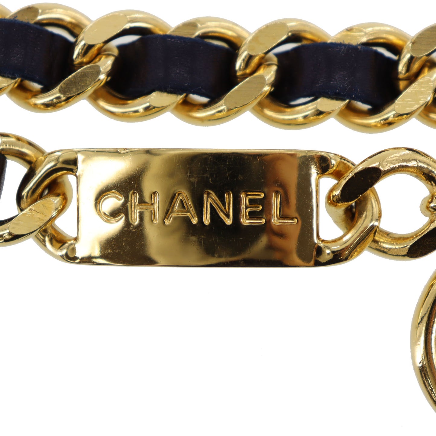 CHANEL CC Logos Chain Waist Belt Gold Navy Leather #BT761