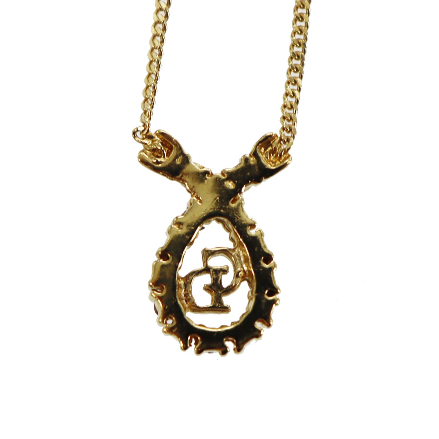 Christian Dior CD Logo Rhinestone Chain Necklace Gold #CO581