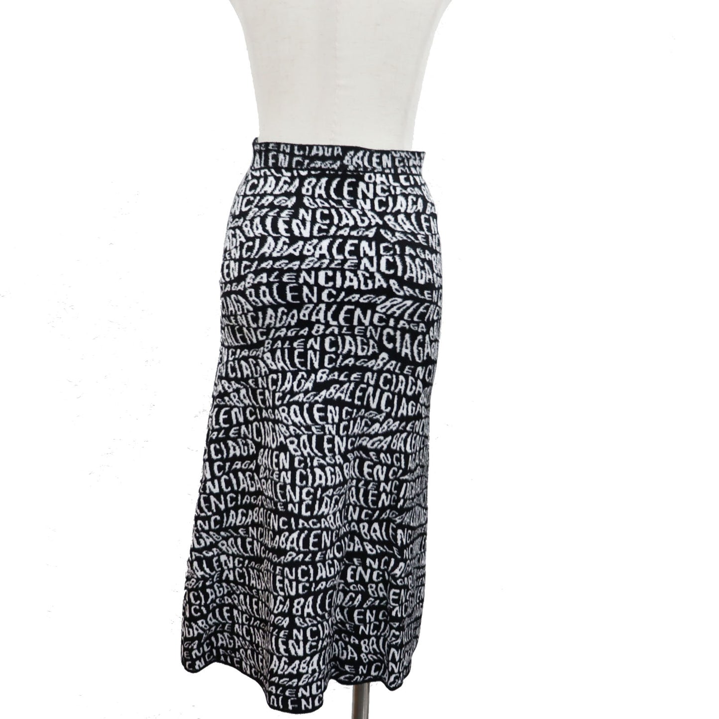 BALENCIAGA Logos Knit Long Skirt Size S Black White #AH680