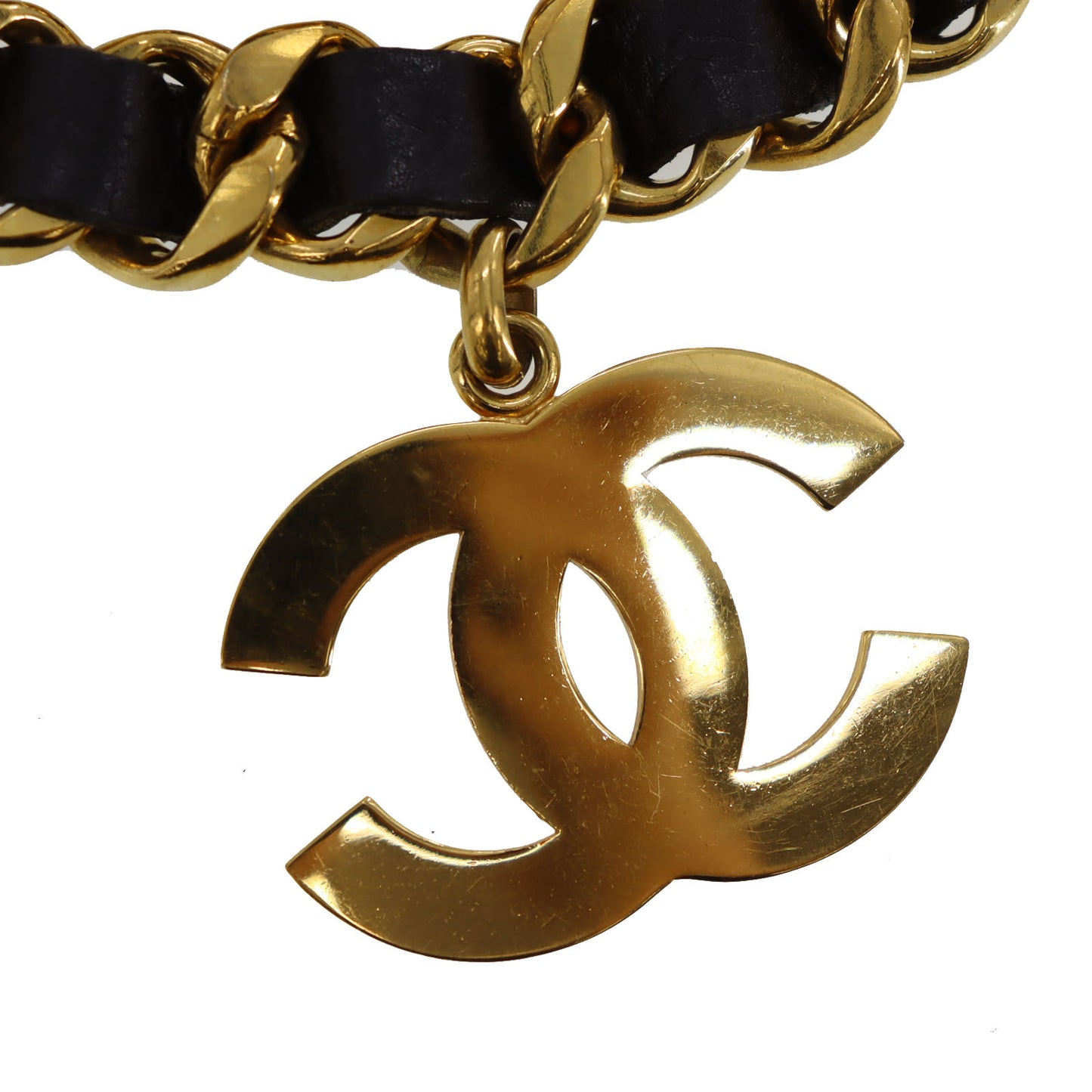 CHANEL Logos Chain Used Waist Belt Black Gold Leather #CD423