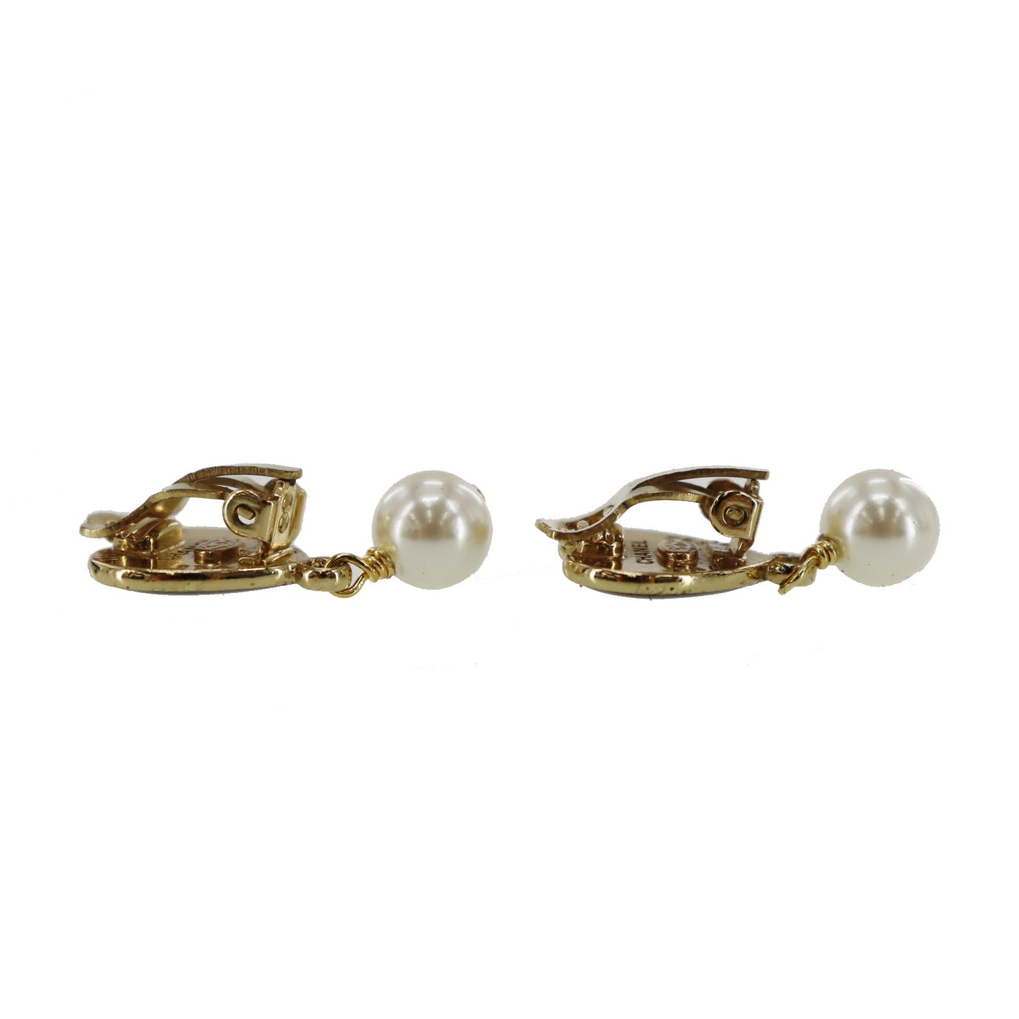 CHANEL CC Logos Pearl Earrings Black Gold Clip-On 04 A #CD541