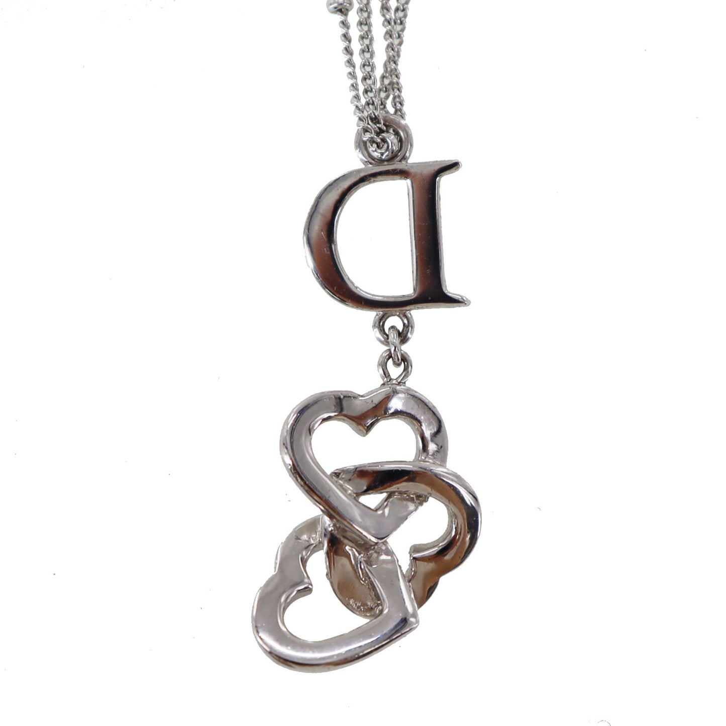 Christian Dior Logo Heart Rhinestone Chain Necklace Silver #CU411