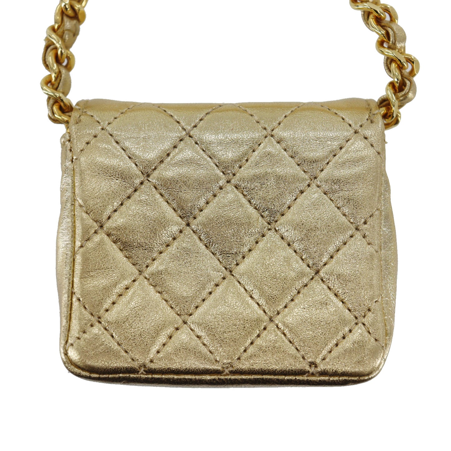 CHANEL Mini Matelasse Used Shoulder Bag Gold Lambskin Leather #CU68