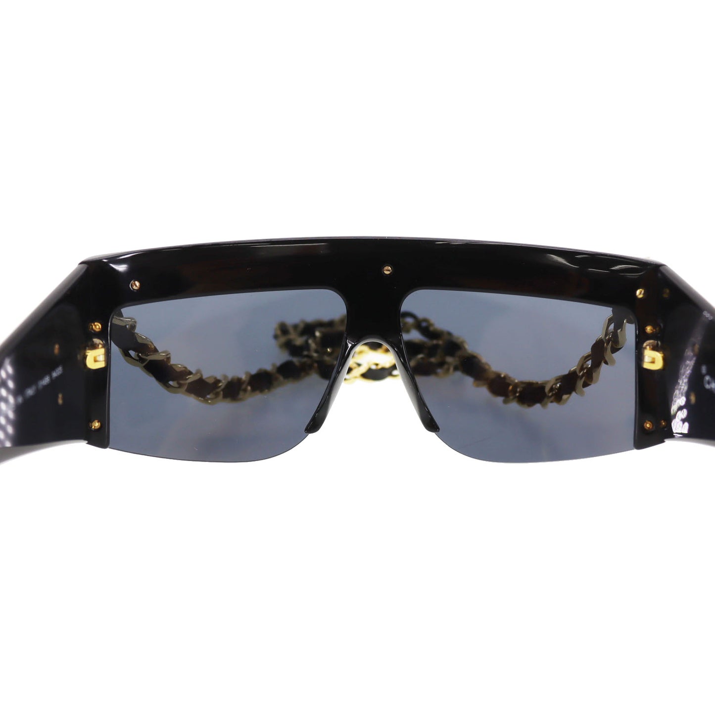 CHANEL Chain Sunglasses Black Shield Eye Wear #CT757