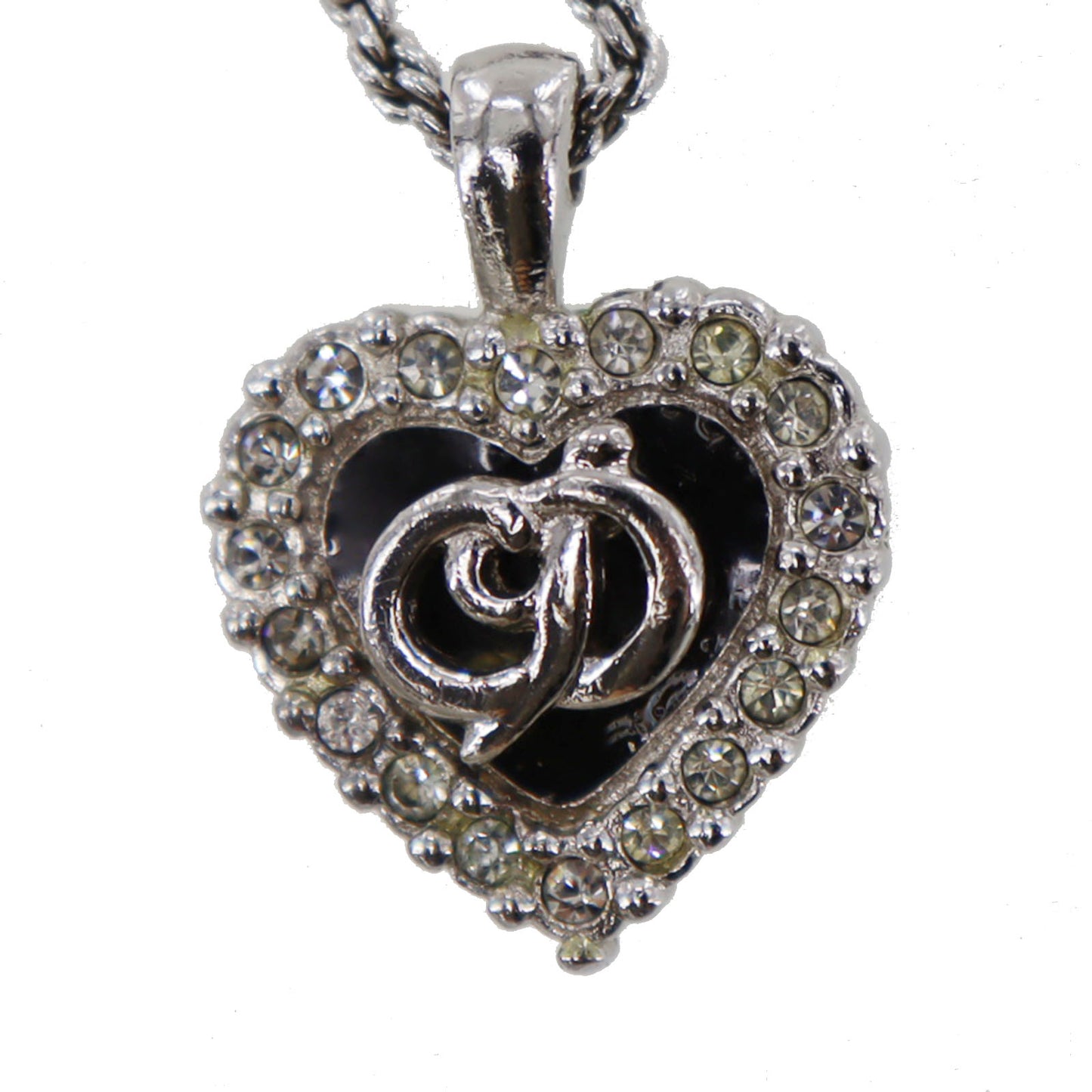 Christian Dior CD Logo Chain Heart Necklace Rhinestone Silver #CR578