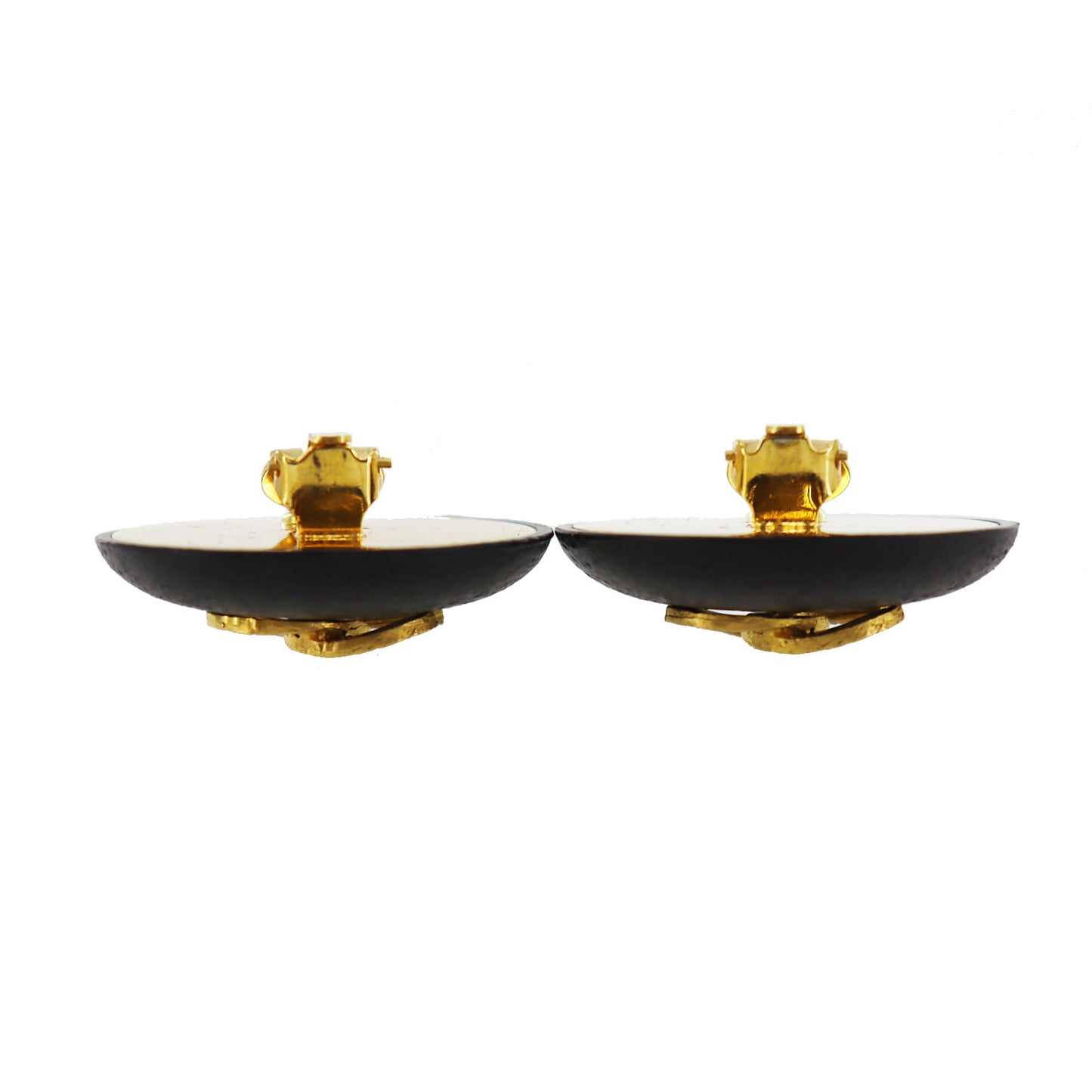 CHANEL Logos Earrings Black Gold Clip-On 93A #BZ804