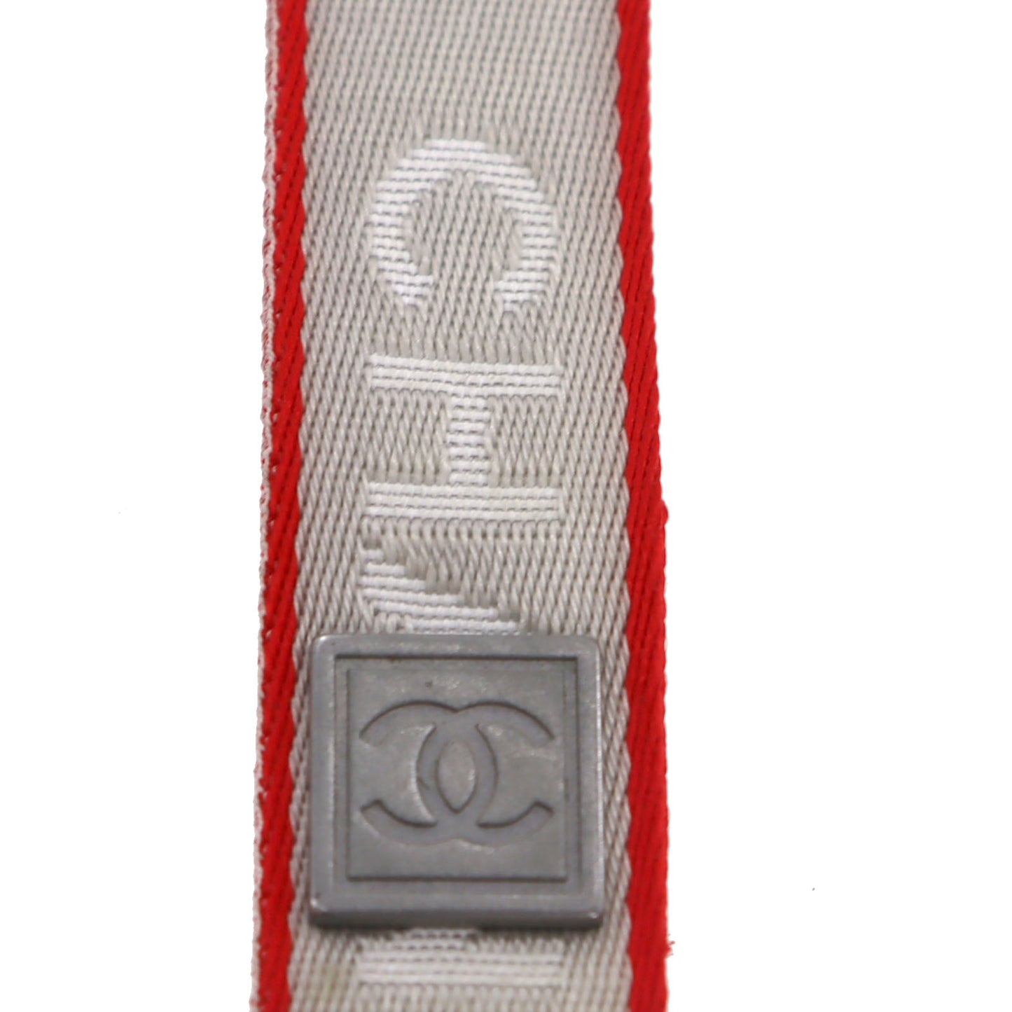 CHANEL Logo Neck Strap Gray Red Nylon Canvas #AG131