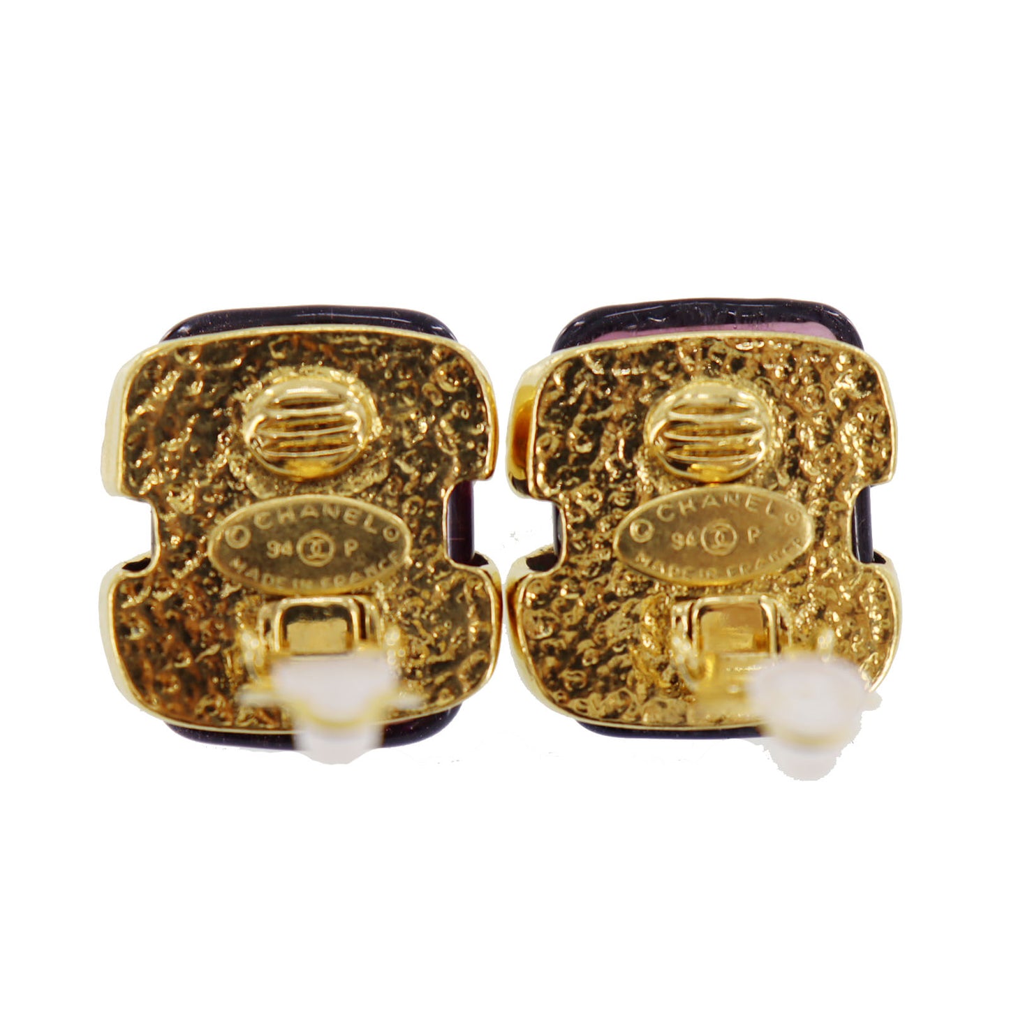 CHANEL CC Logos Stone Earrings Gold Brown Red 94 P Clip-On #AH673