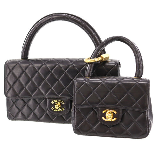 CHANEL HandBag Matelasse Pair Lambskin Leather Black  #BU943