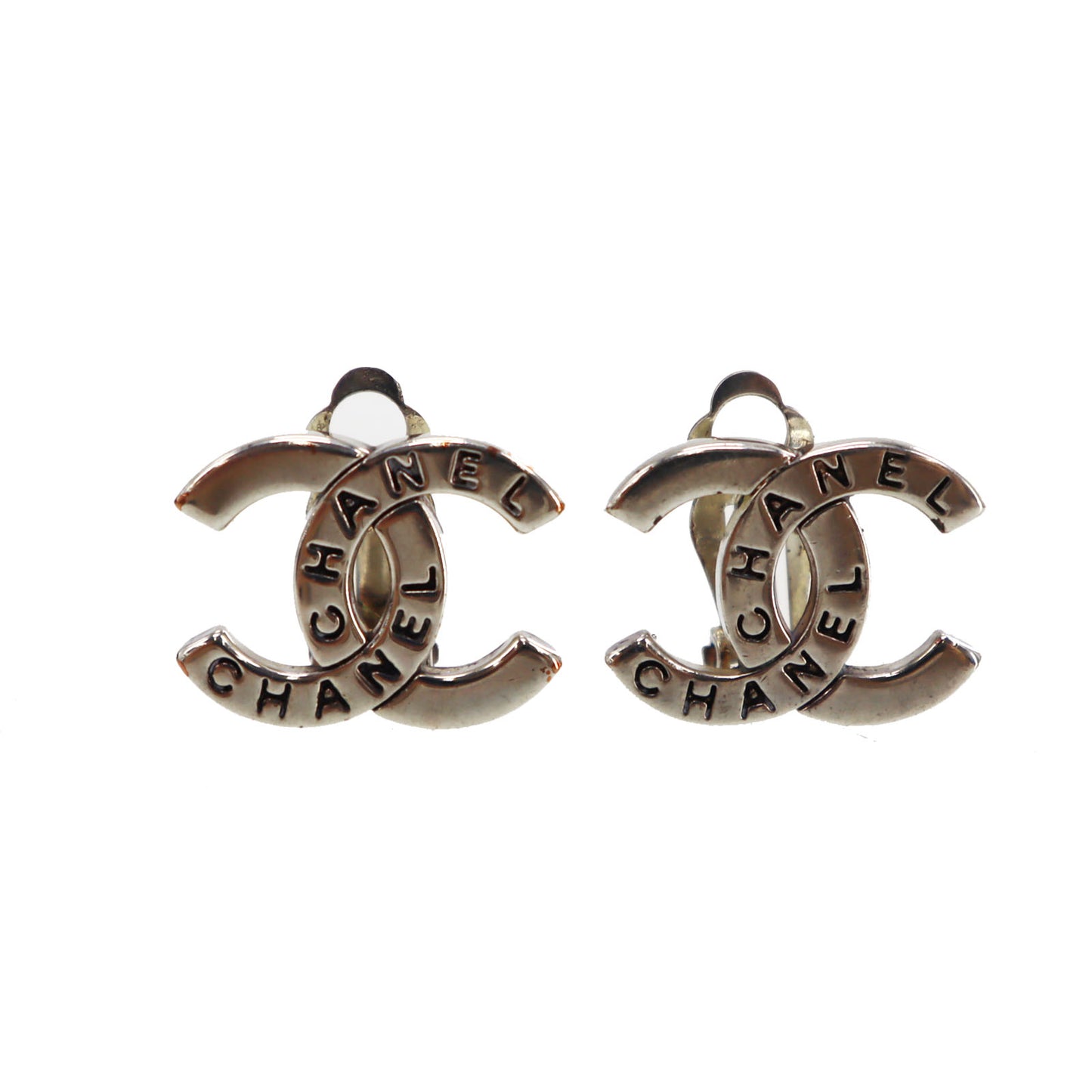 CHANEL CC Logos Earrings Silver Clip-On 98 P #CG63