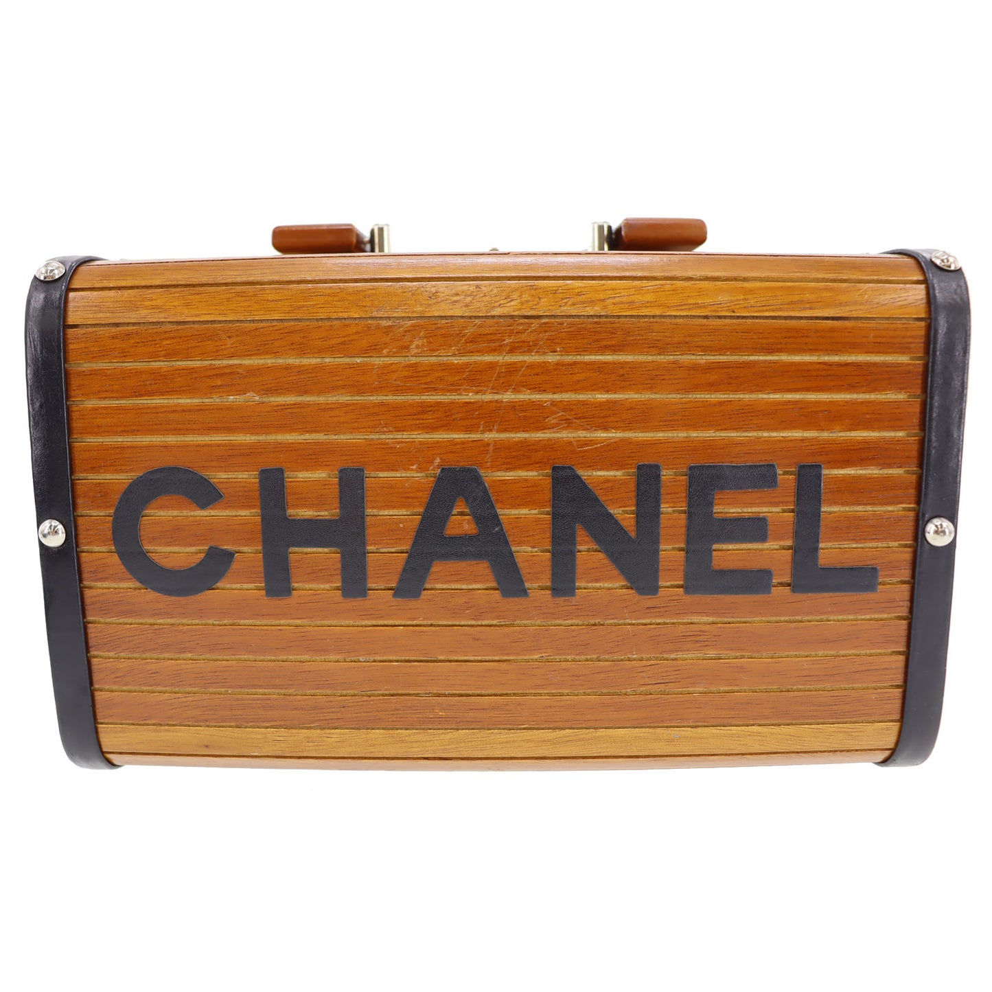 CHANEL CC Wood Vanity Handbag Brown Studs France Vintage Rare #AH582