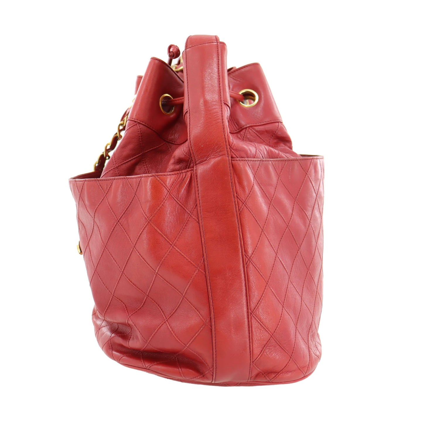 CHANEL Bicolore Chain Drawstring Shoulder Bag Red Leather #AH631