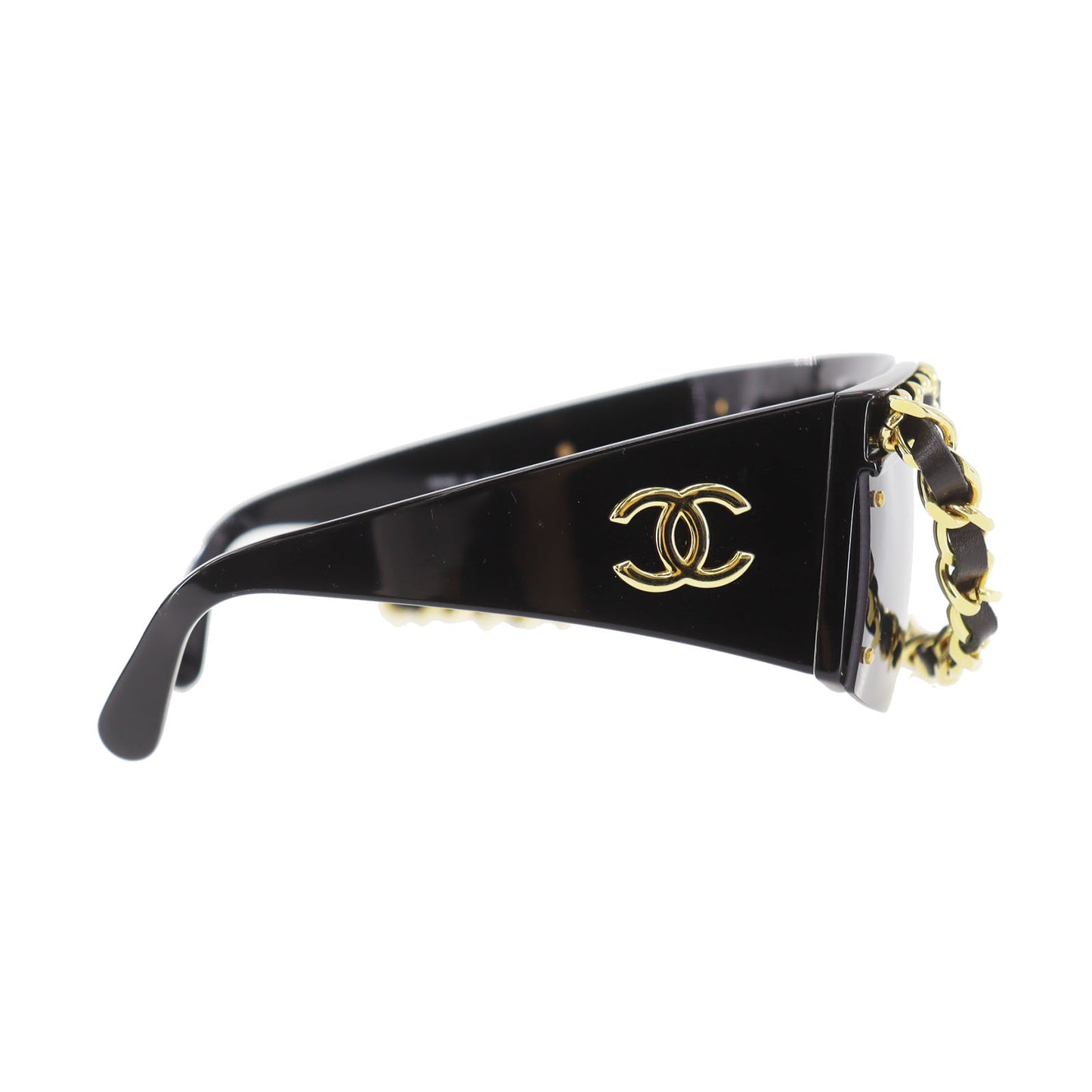 CHANEL Chain Used Sunglasses Black Shield Eye Wear Italy #CW623