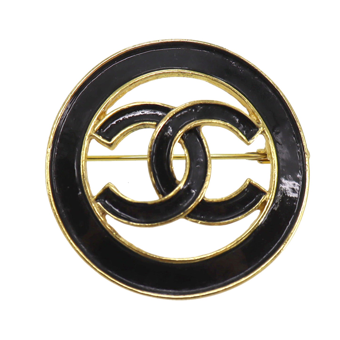 CHANEL CC Logos Circle Pin Brooch Gold Plated Black #CG390