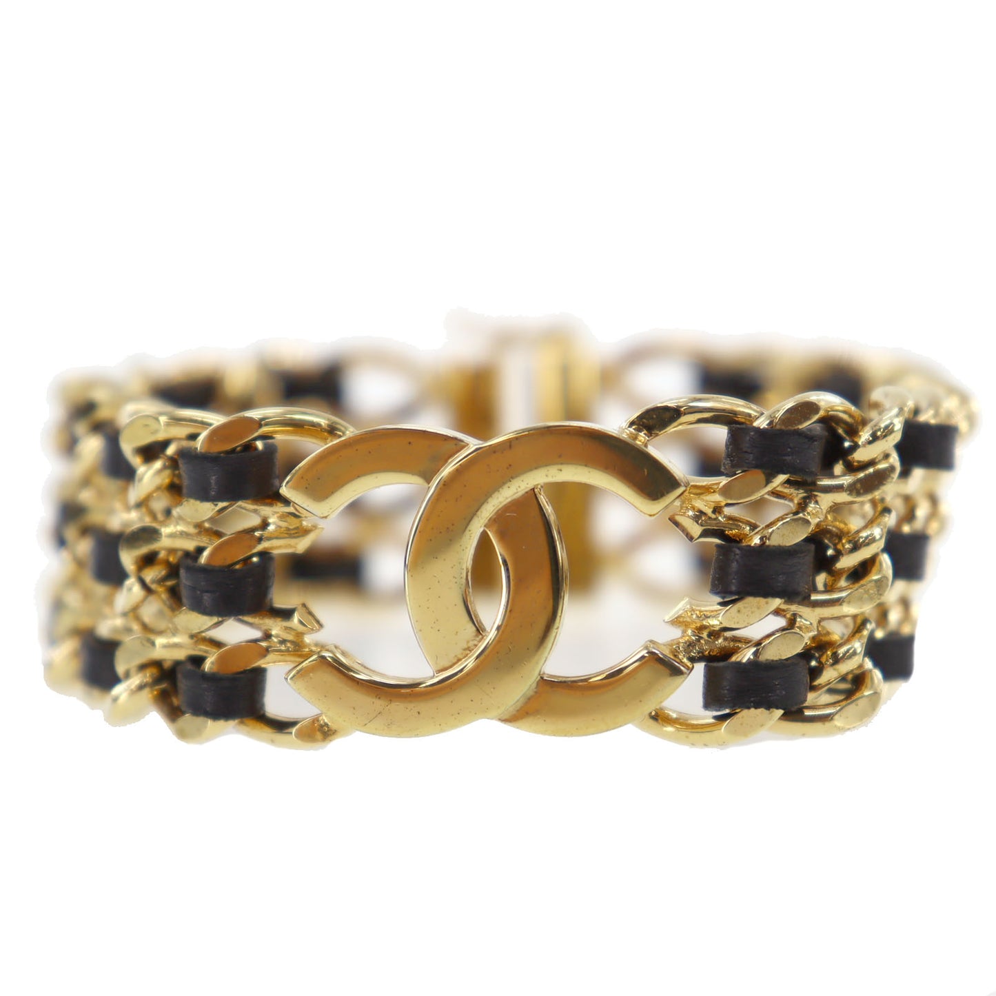 CHANEL CC Logos Chain Bracelet Gold Plated Black Leather 97A #BQ134