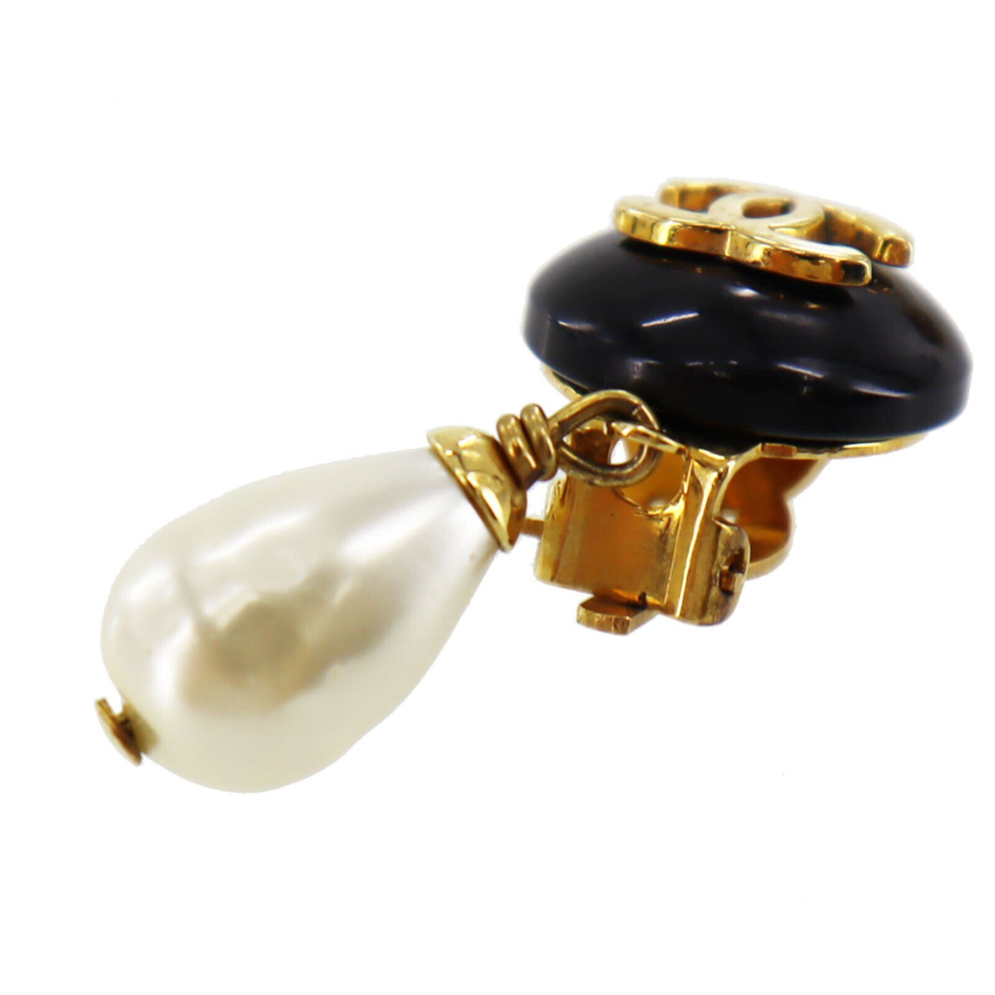 CHANEL CC Logos Pearl Earrings Black Gold Clip-On 96P #BK494