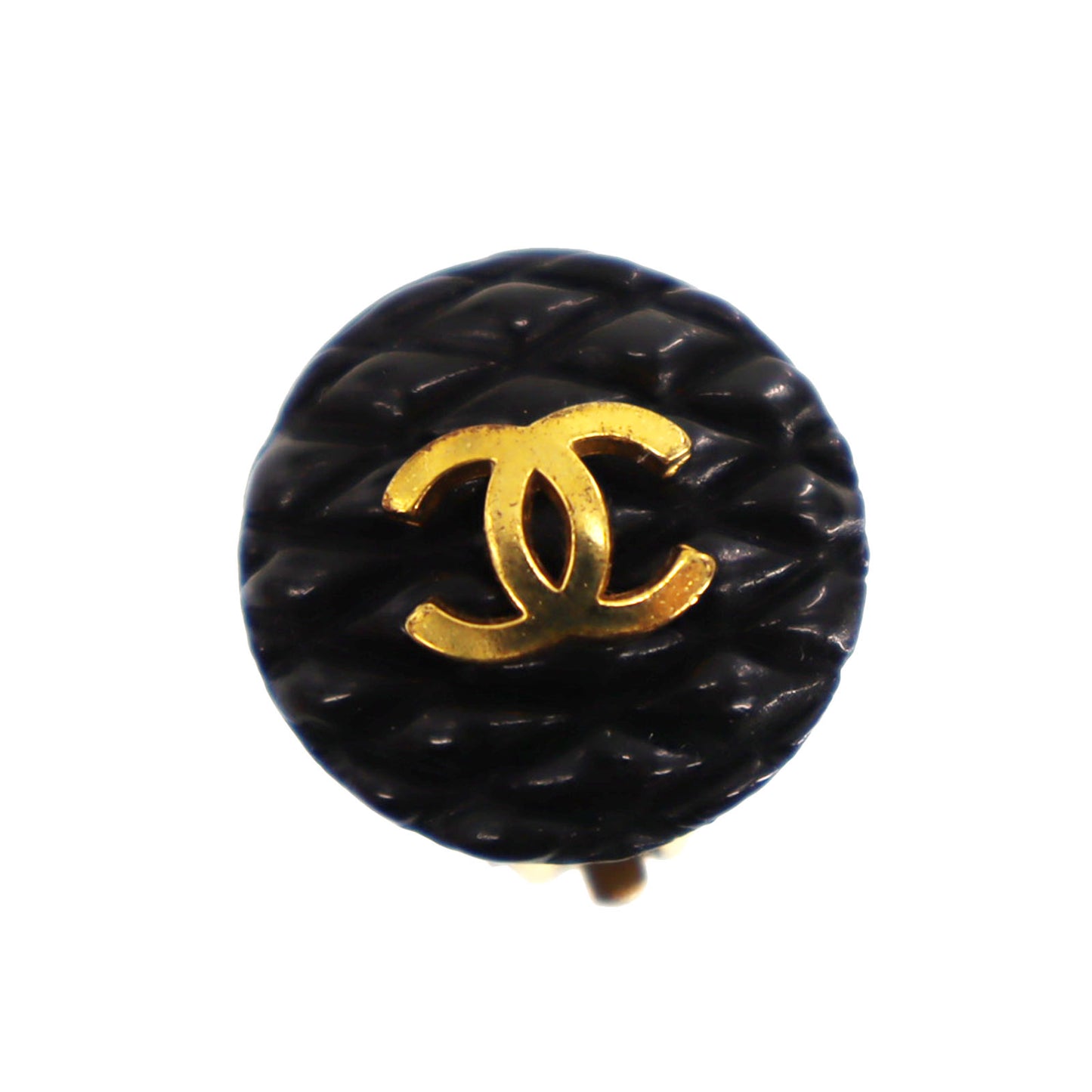 CHANEL CC Logo Circle Earrings Gold Black Clip-On 93A #CD188