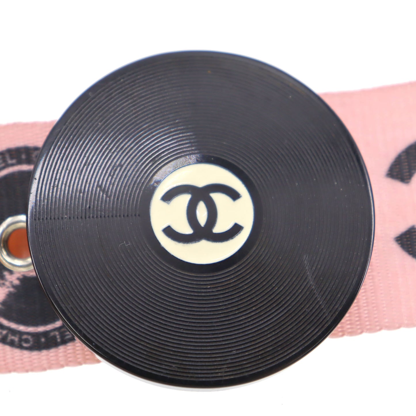 CHANEL CC Waist Belt Record Motif Pink Black Nylon Canvas Leather #AG91