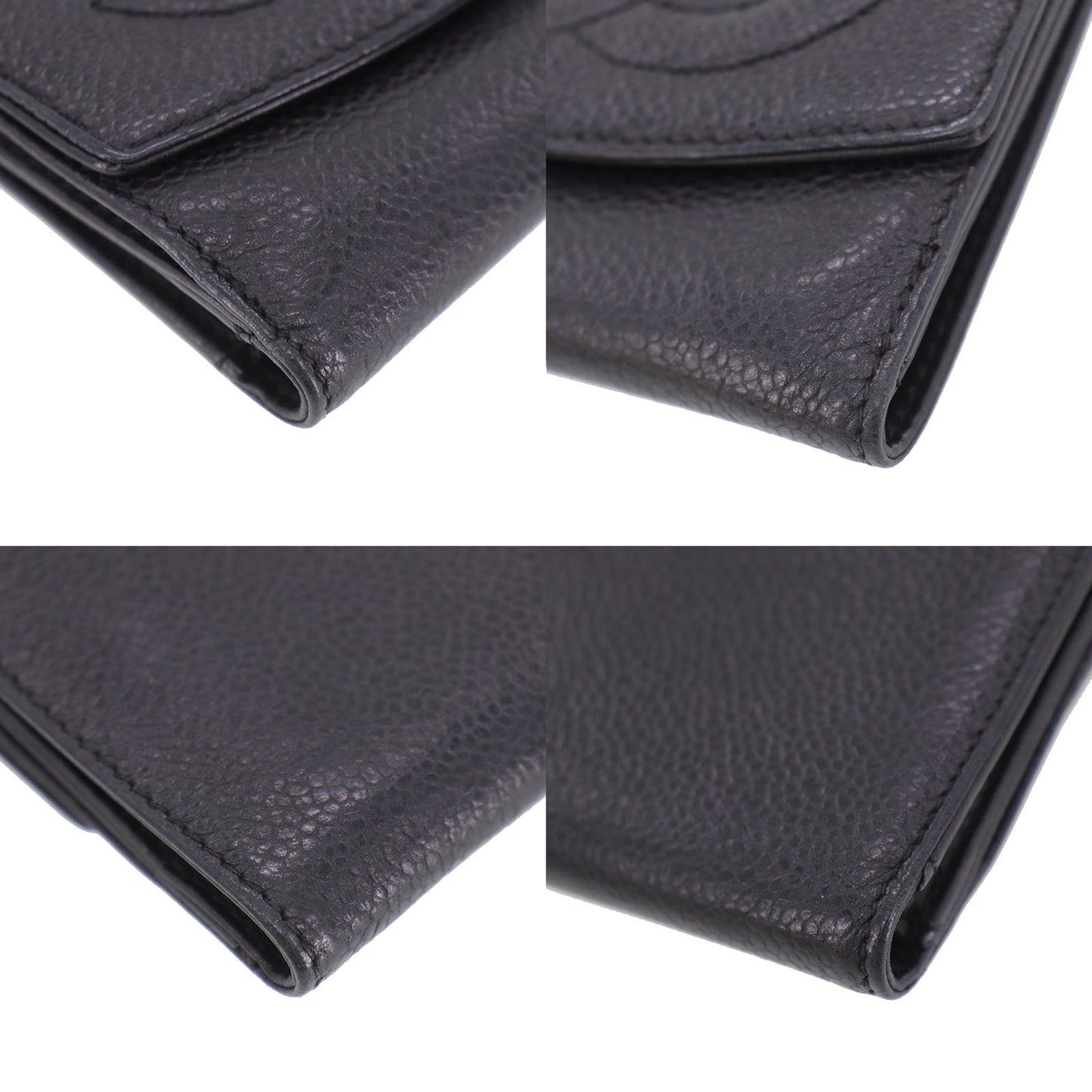 CHANEL CC Logos Bi-fold Wallet Black Caviar Skin Leather #CS563