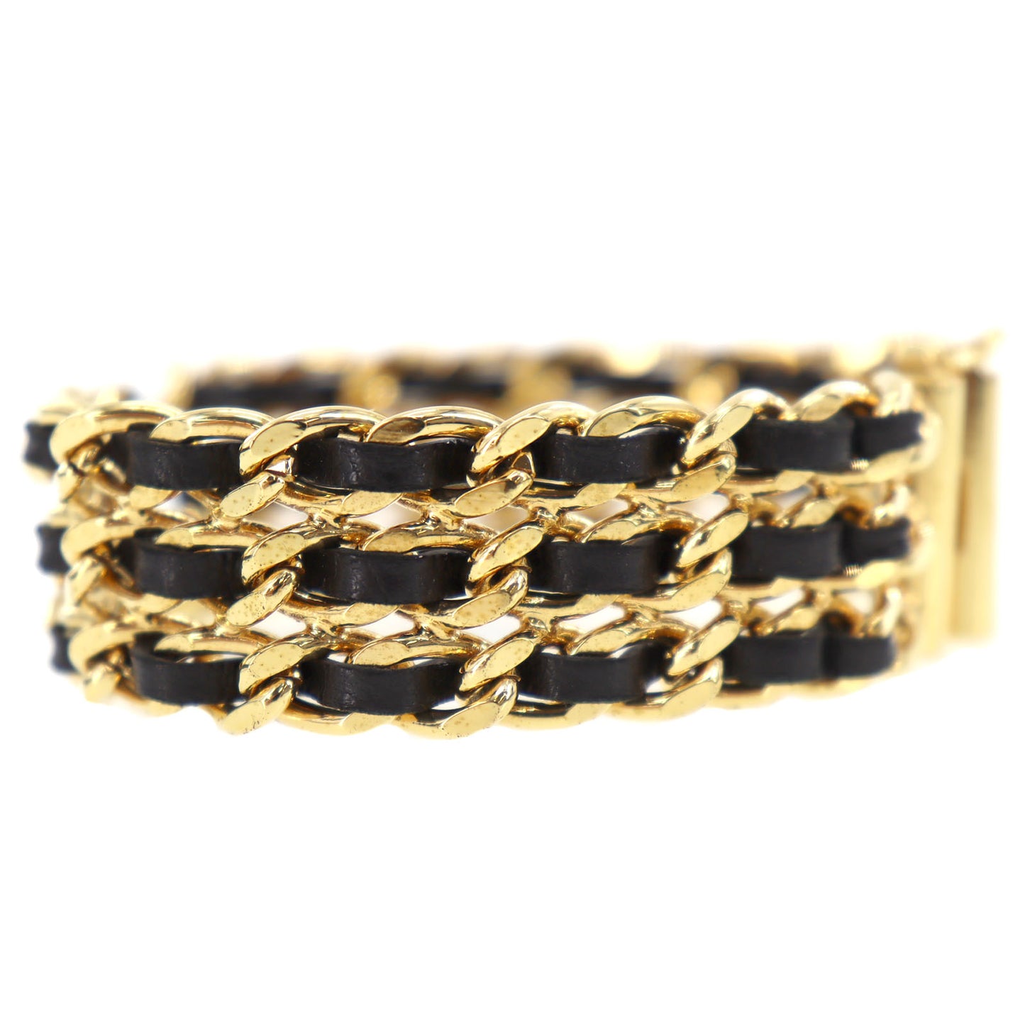 CHANEL CC Logos Chain Bracelet Gold Plated Black Leather 97A #BQ134