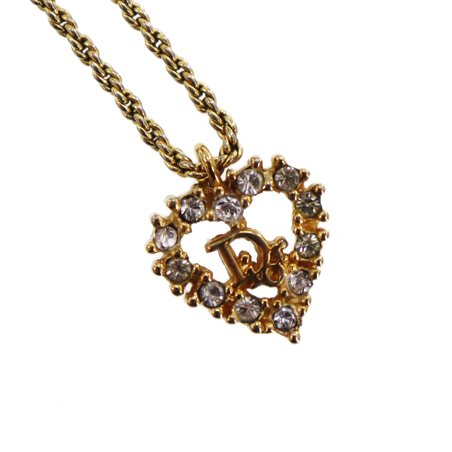 Christian Dior Logo Chain Heart Necklace Rhinestone Gold-Plated #CB230