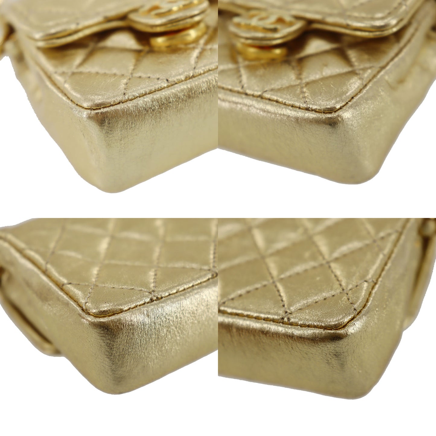 CHANEL Mini Matelasse Used Shoulder Bag Gold Lambskin Leather #CU68