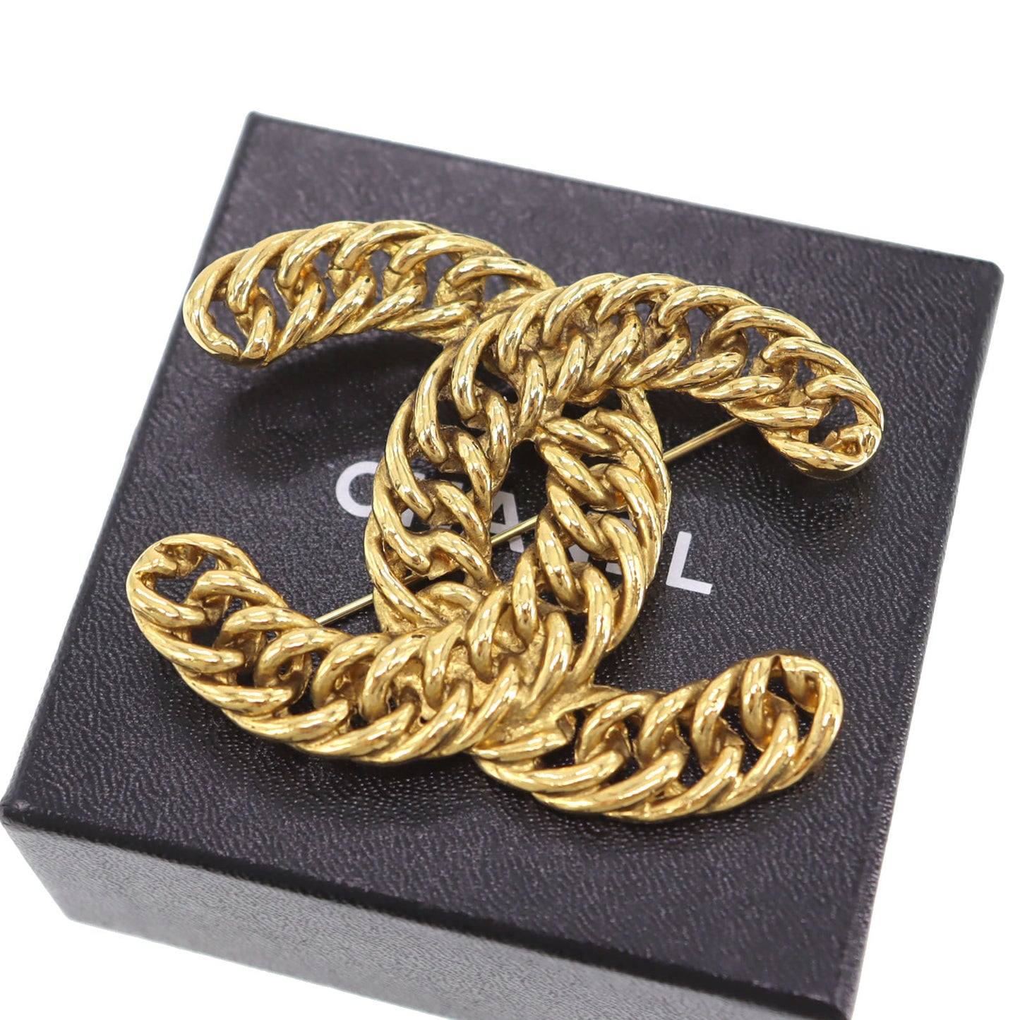 CHANEL CC Logos Chain Big Pin Brooch Gold #CO645