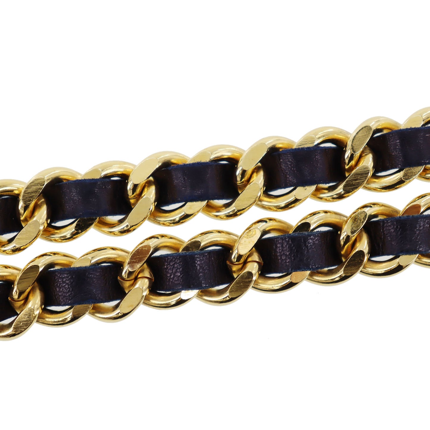 CHANEL CC Logos Chain Waist Belt Gold Navy Leather #BT761