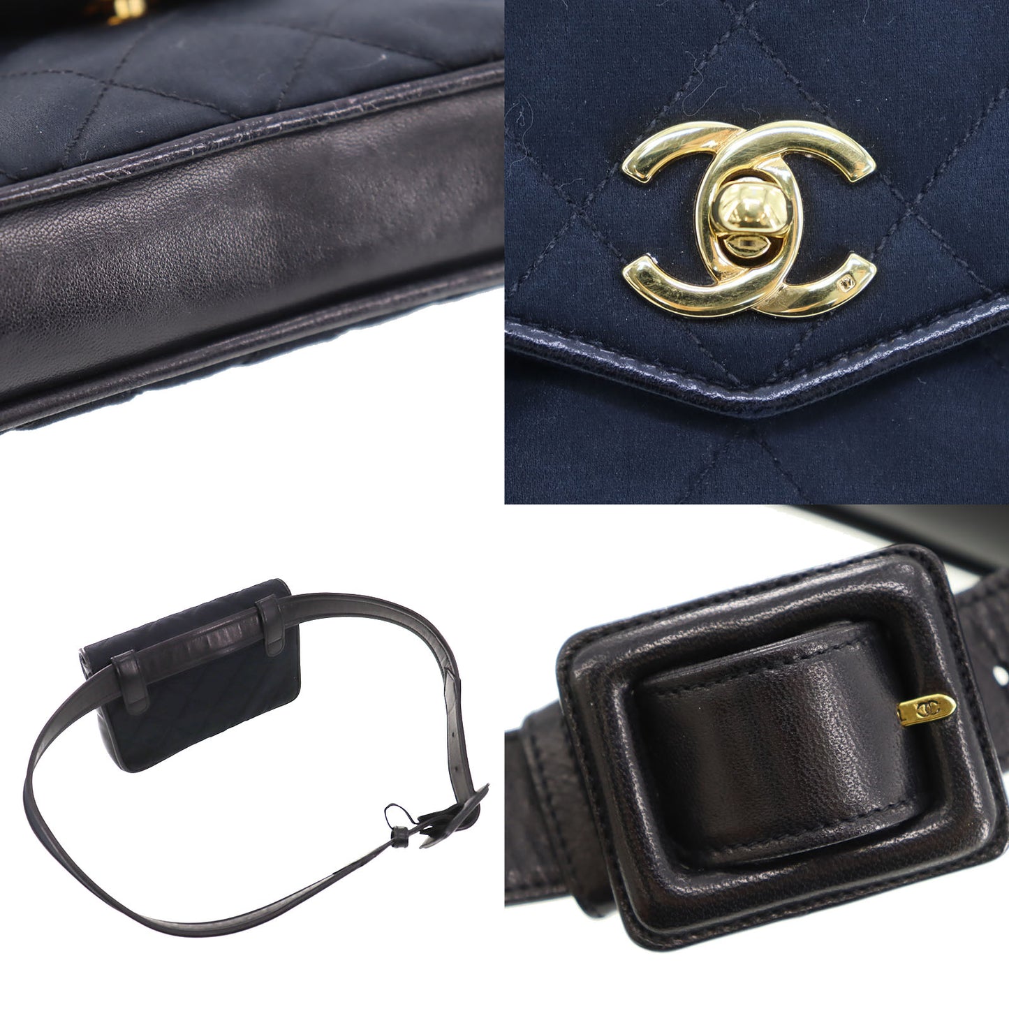 CHANEL Matelasse Belt Bag Bumbag Black Satin #CG983