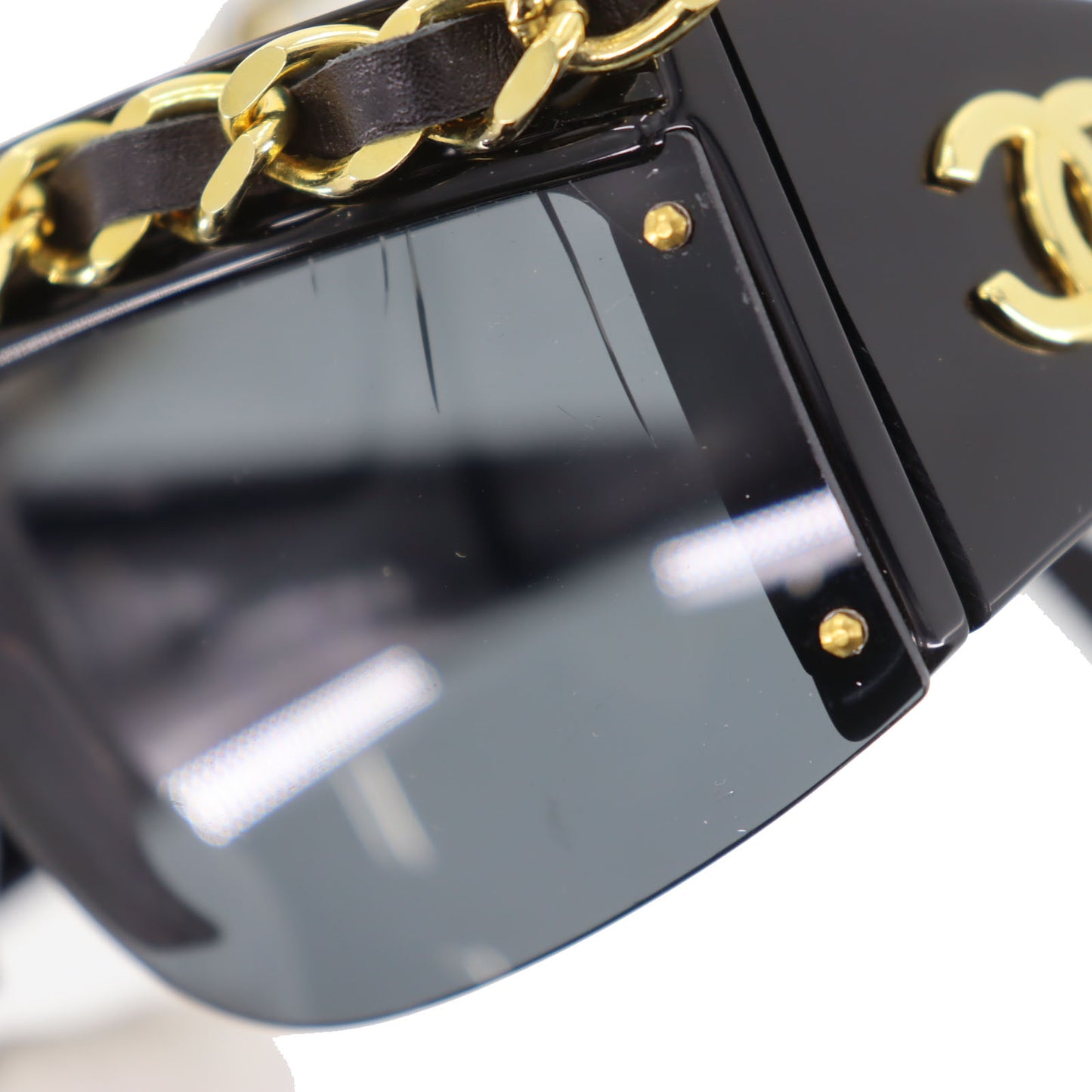 CHANEL Chain Used Sunglasses Black Shield Eye Wear Italy #CW623