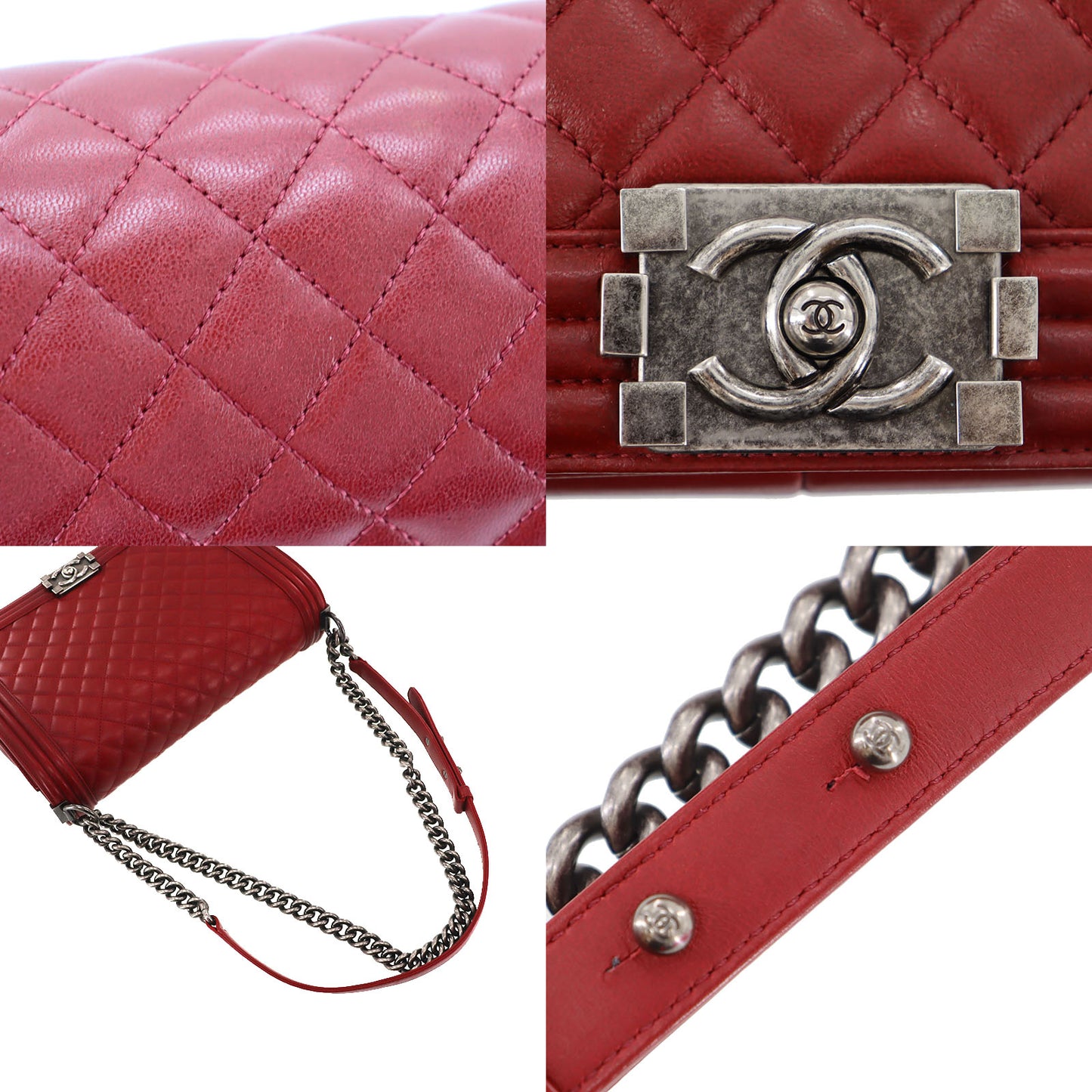 CHANEL BOY CHANEL Shoulder Bag Dark Red Lambskin Leather #CT845