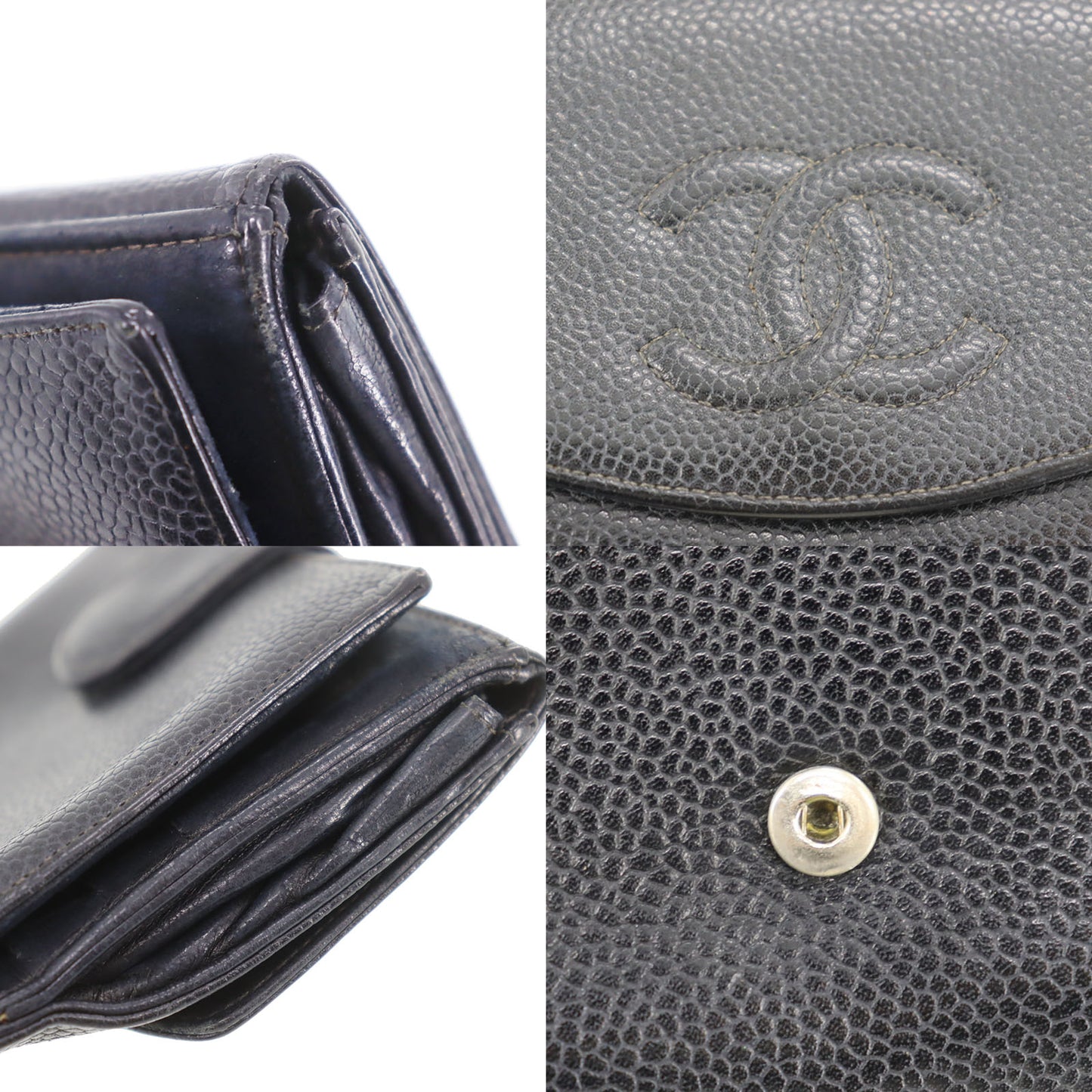 CHANEL CC Logos Bi-fold Wallet Black Caviar Skin Leather #CF129