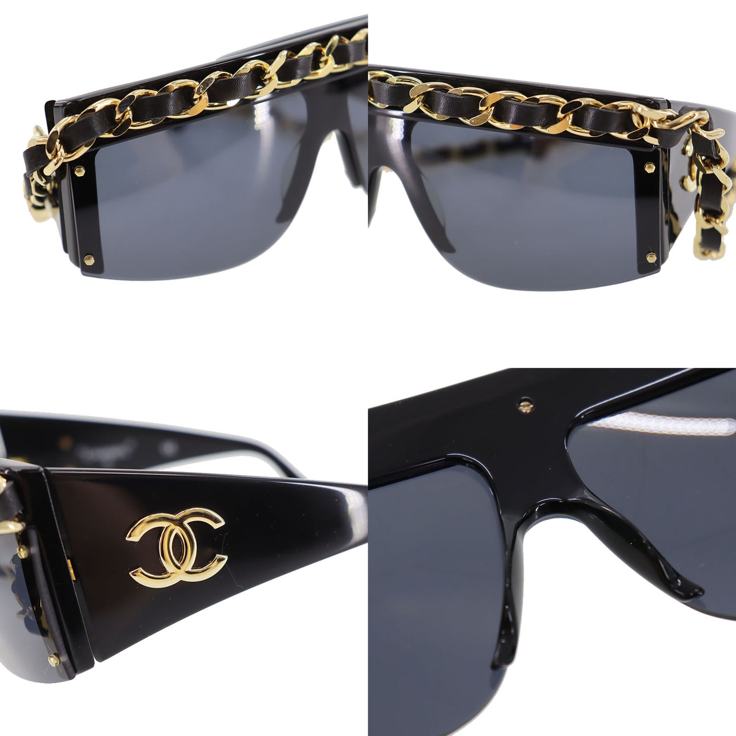 CHANEL Chain Sunglasses Black Shield Eye Wear #CT757