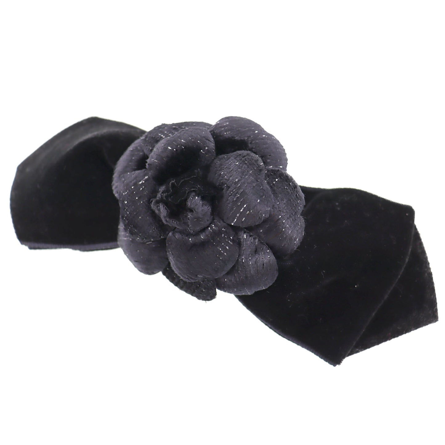 CHANEL Barrette Camellia Ribbon Black Suede #AH305